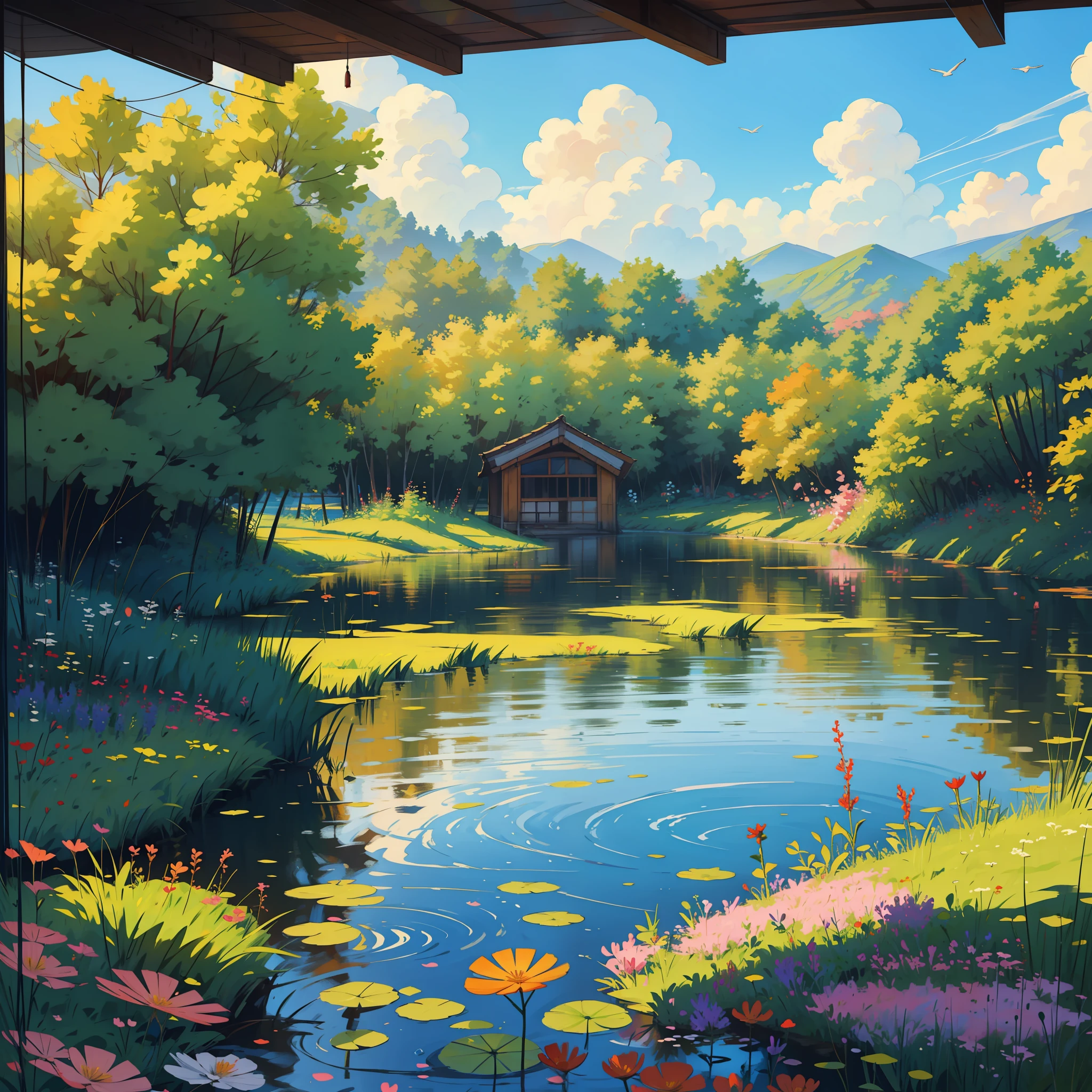 por do sol visto glorioso ao fundo refletido no espelho d'agua de um pequeno riacho que conduz a um lindo lago, plantas e flores coloridas nas margens do riacho, borboletas nuvens coloridas, estilo anime, estilo desenho animado