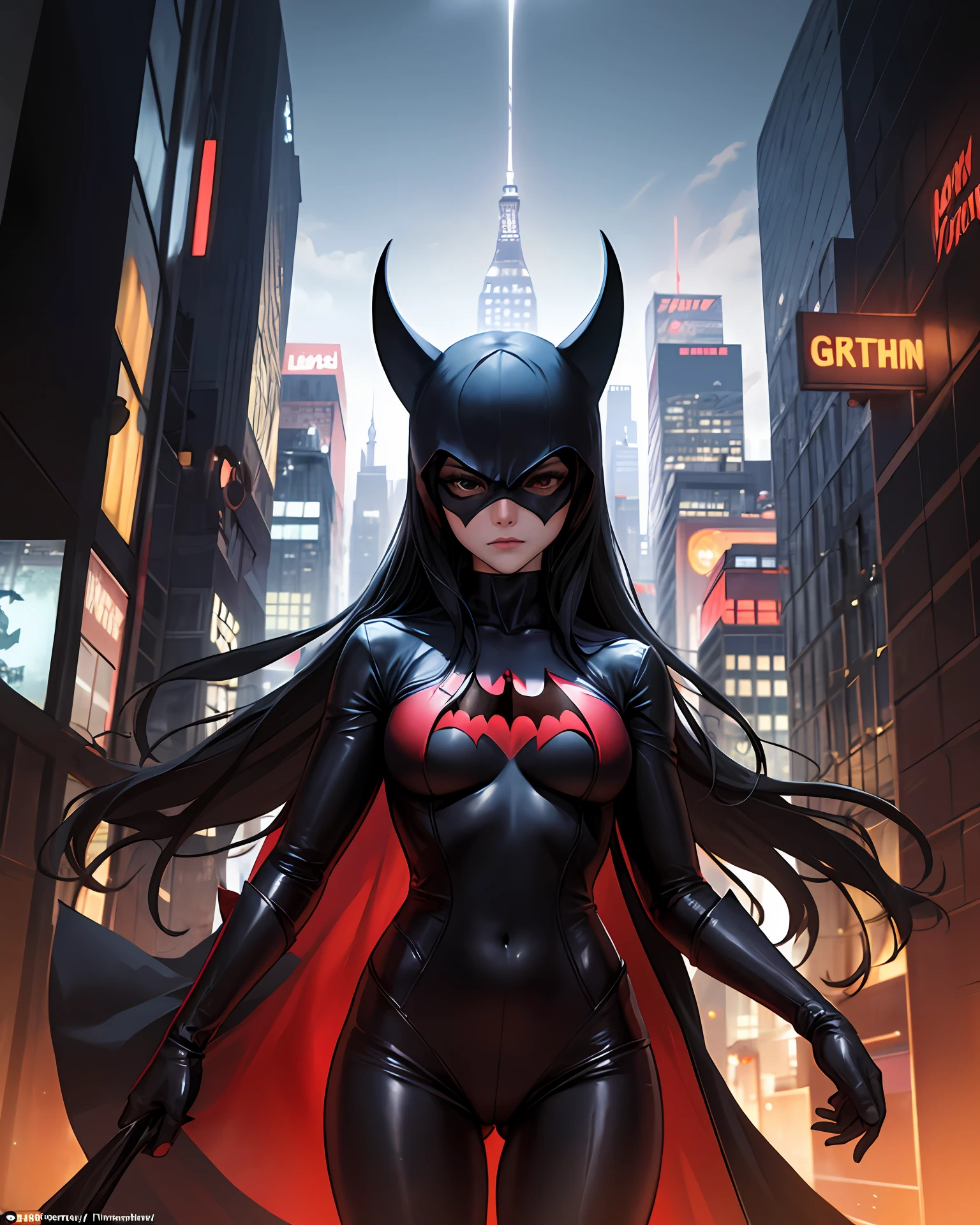 scenecy: The image will be set in a nocturnal cityscape, with skyscrapers and dark alleys, evocando a atmosfera misteriosa e intrigante de Gotham City.Pose: Batwoman will be in a dynamic pose and ready for action. Ela pode estar empunhando seu famoso batarangue ou preparada para usar suas habilidades de artes marciais.face expression: Your face will be determined, refletindo a coragem e o compromisso que a tornam uma protetora de Gotham City.Uplighting: The image will have a creative use of lights and shadows to emphasize the character's duality – her dark nature as a vigilante and the light she brings when fighting crime.
