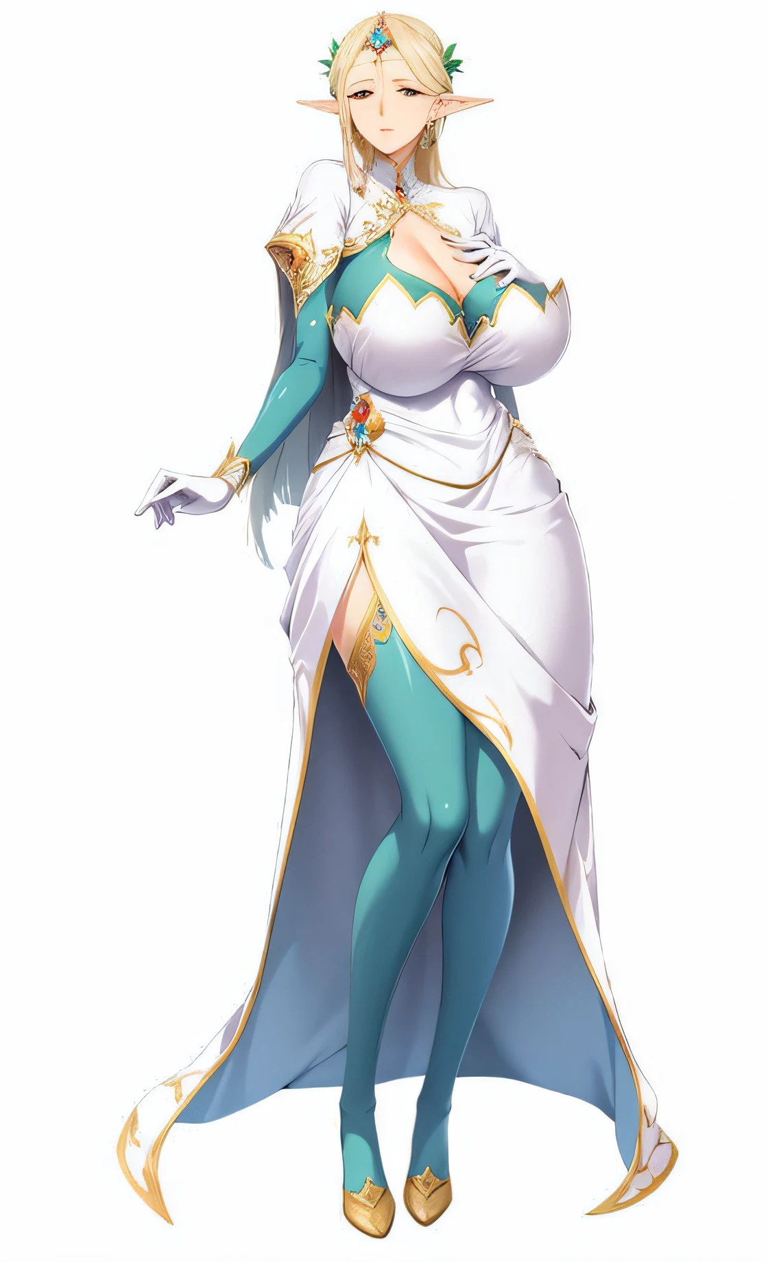 A woman in a white dress and green shoes stands, Senhora , arte oficial do personagem, Pose elegante real, cushart krenz arte chave feminina, anime mulher fullbody arte, mulher bonita sedutora do anime, deusa anime, Samira de League of Legends, Cavaleiro elfo sedutora rainha, ((uma bela imperatriz fantasia))