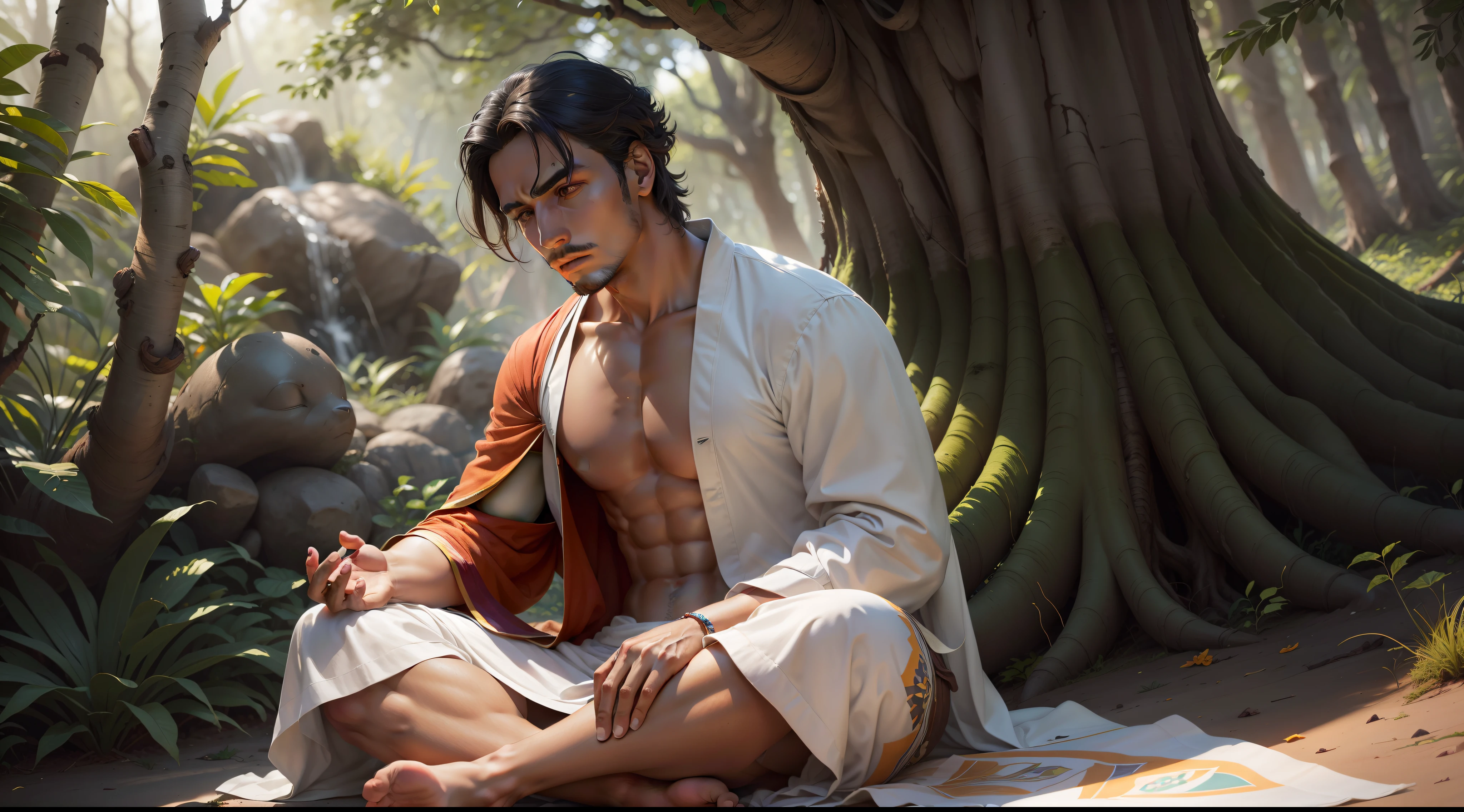 desenho, ultra realistic, 8k, extremamente detalhado, alta qualidade, imagem de luz natural, luz solar terra, imagem ultra realista, Realistic texture, extremamente detalhado, alta qualidade, macho, Jovens 20 anos, (pele perfeita, circunstanciado, hiper-realista, poros de alta qualidade) (cavanhaque realista, bem definido) (Homem no manto branco, laranja, Estilo monge tibetano), Olhos fechados, peaceful facial expression, meditating deeply under a tree line, nos arredores uma floresta colorida, Montanhas, raios de sol penetrando na floresta, Cores ricas textura hiper realista, Floresta, dia, luz natural, imagem frontal, hyperealist hands and feet