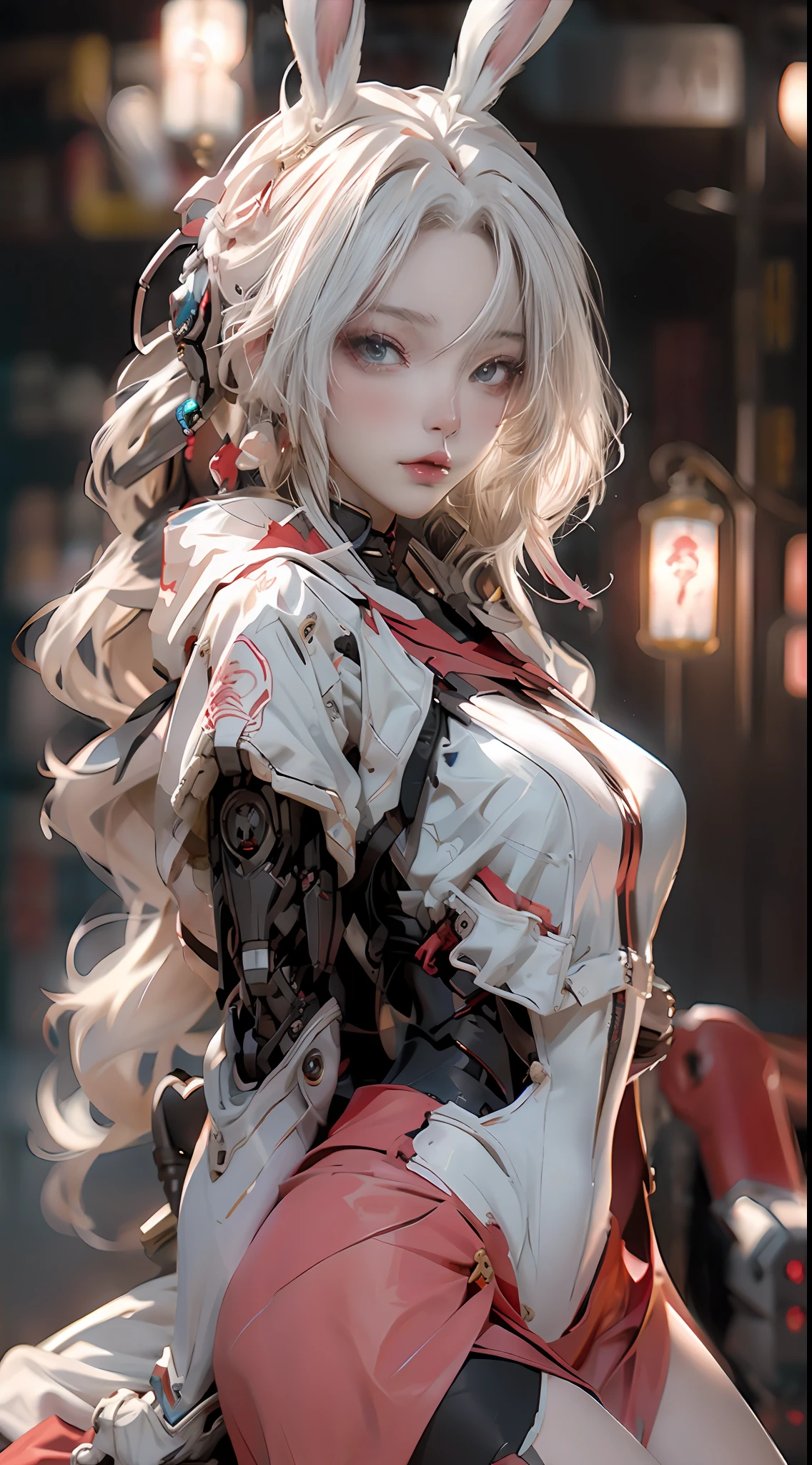 Anime girl with white hair and rabbit ears，red color eyes，Shy blush，National Wind Mech，cyber punk perssonage