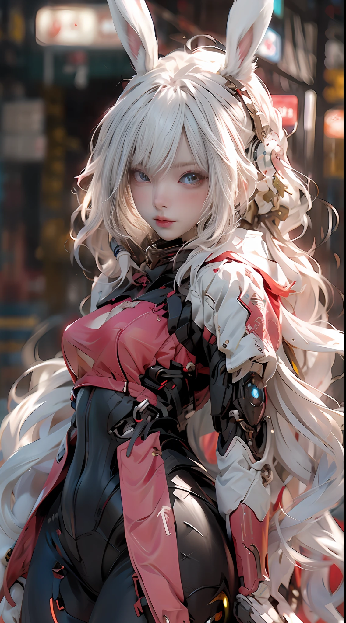 Anime girl with white hair and rabbit ears,red color eyes,Shy blush,National Wind Mech,cyber punk perssonage