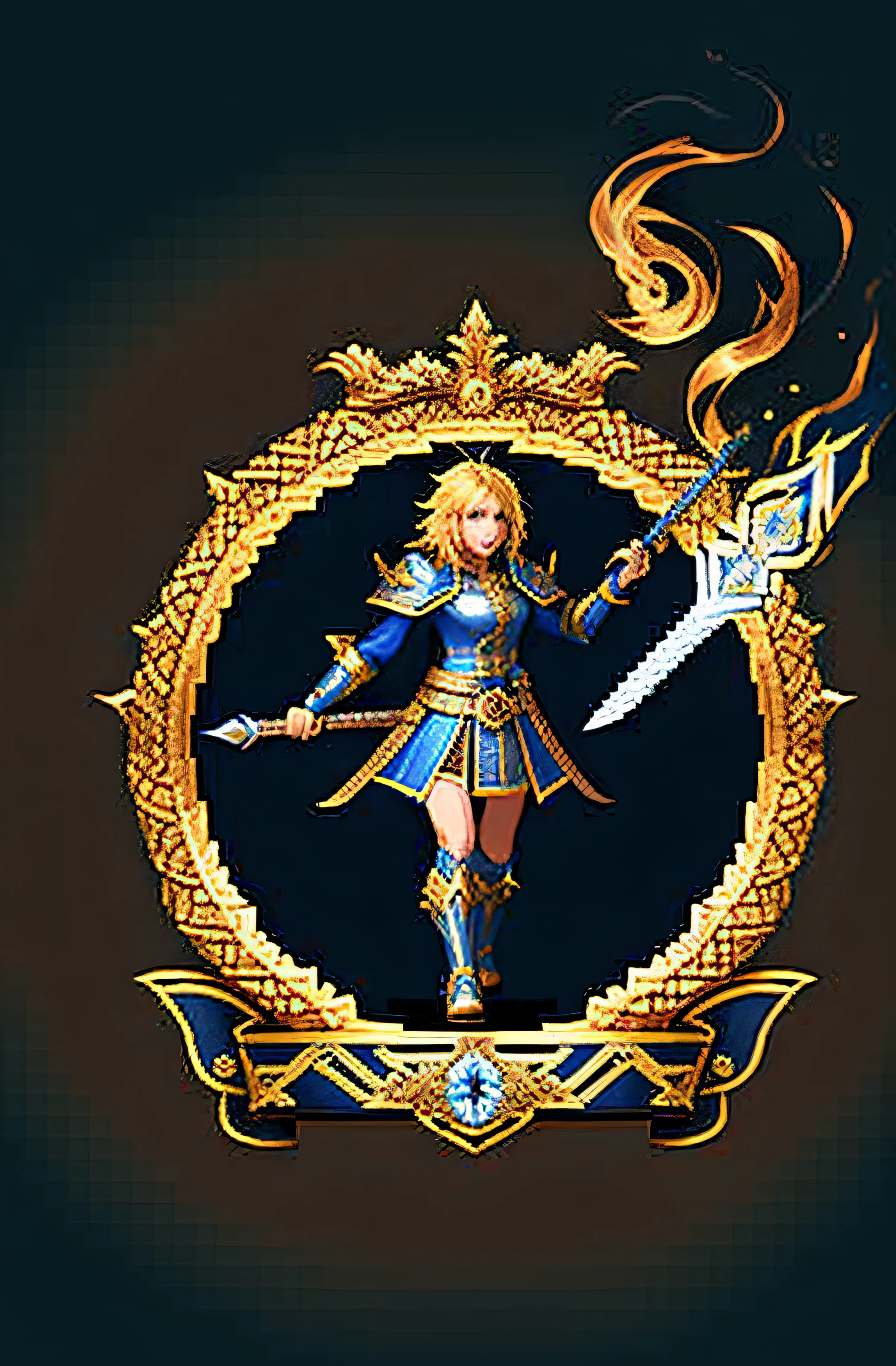 A golden and blue sword，There is a blue flame on it, gold sword, Golden sword, fantasy sword of warrior, shinning sword, Flaming Sword, Sword and shield, royal insignia in background, sword design, magic artifacs and magic weapons, fantasy sword, beautiful sword, fantasy rpg weapon art, magical sword, intricate fantasy spear, dual wielding two magical swords
