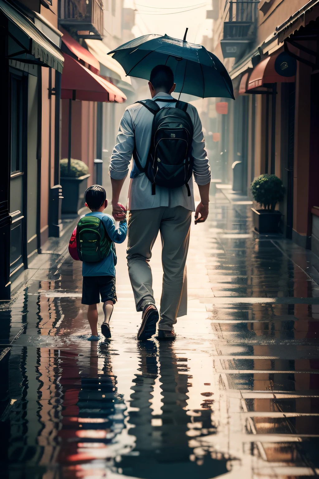 Father with a large umbrella walks down a street full of puddles of water, holding hands with his 6-year-old son with a backpack on his back