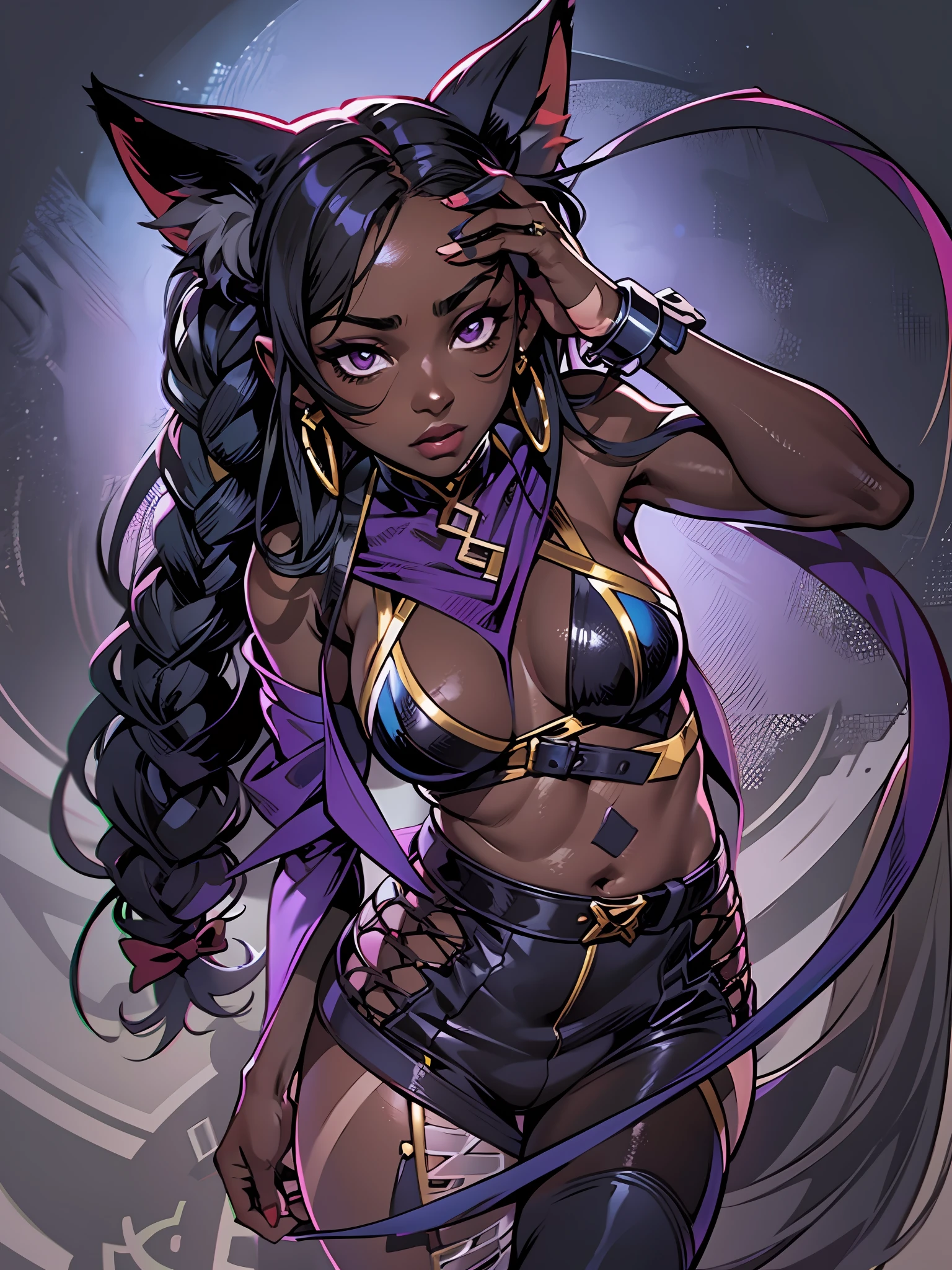 Portrait, Masterpiece, Excellent, 1girl, solo, complex details, color diffusion, comic book, anime, marvel, DC, close-up, catgirl, dark skin, ebony, brown skin, dark-skinned female, thighs, Miqo'te, cat ears, dark hair, black hair, braids, dreadlocks, braided hair, purple eyes, skimpy attire, epic attire, assassin, badass, deadly but sexy, trending, demon, goddess, Super Villain