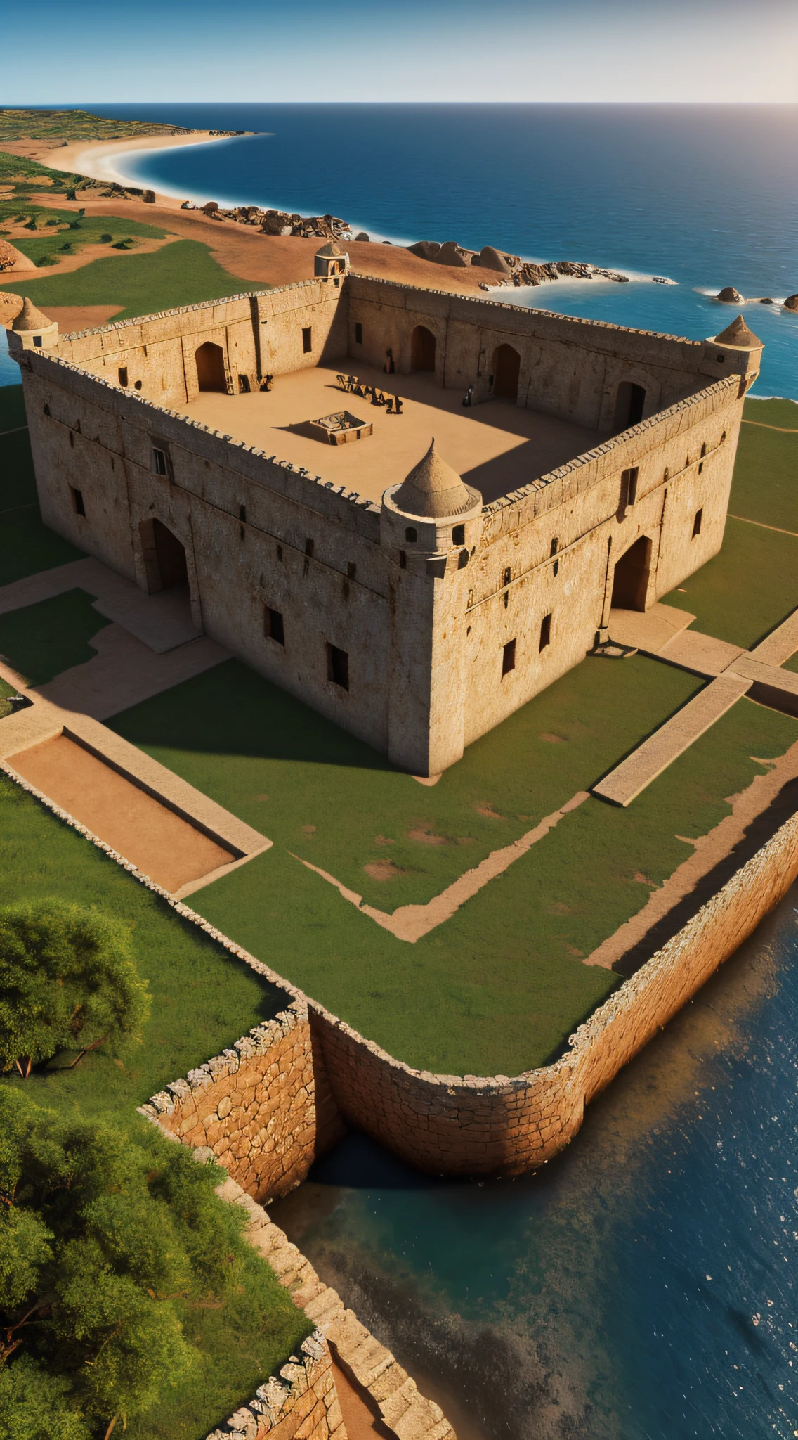 {A vivid depiction of a formidable Portuguese fort situated in Southwest Africa during the 17th-century. Portuguese soldiers in 17th-century attire are seen patrolling the area, symbolizing the might of the colonizers.}, Digital Illustration, Realistic Style influenced by Greg Rutkowski, Wide Angle Lens, High Angle Shot, (Hyperrealistic 3D render:1.16), (Natural Light:0.9), (4K Resolution:1.25), (Detailed:1.14)