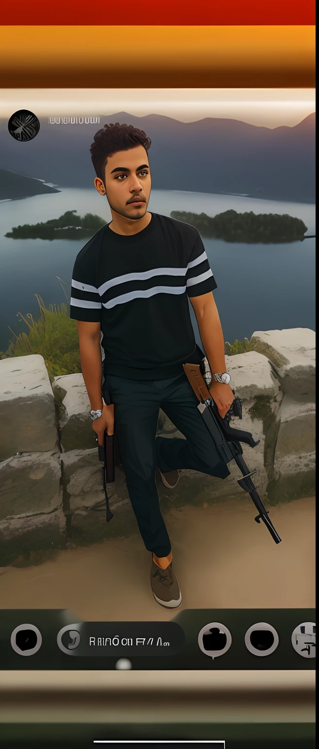 a close up of a person sitting on a stone wall with a gun, with rifle, with pistol, shooting pose, full body photogenic shot, very very low quality picture, man is carrying a rifle, full body picture, holding a mp7, stylish pose, holding pdw, accurate depiction, carrying a rifle, holding rifle, armed with edged weapons, thought provoking