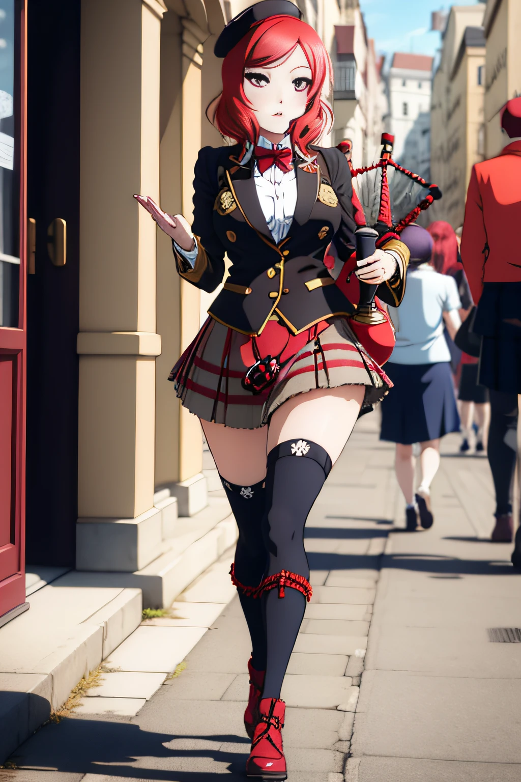 Maki Nishikino，Nice，Red bagpipe cap，Blowing bagpipes，Red tweed skirt