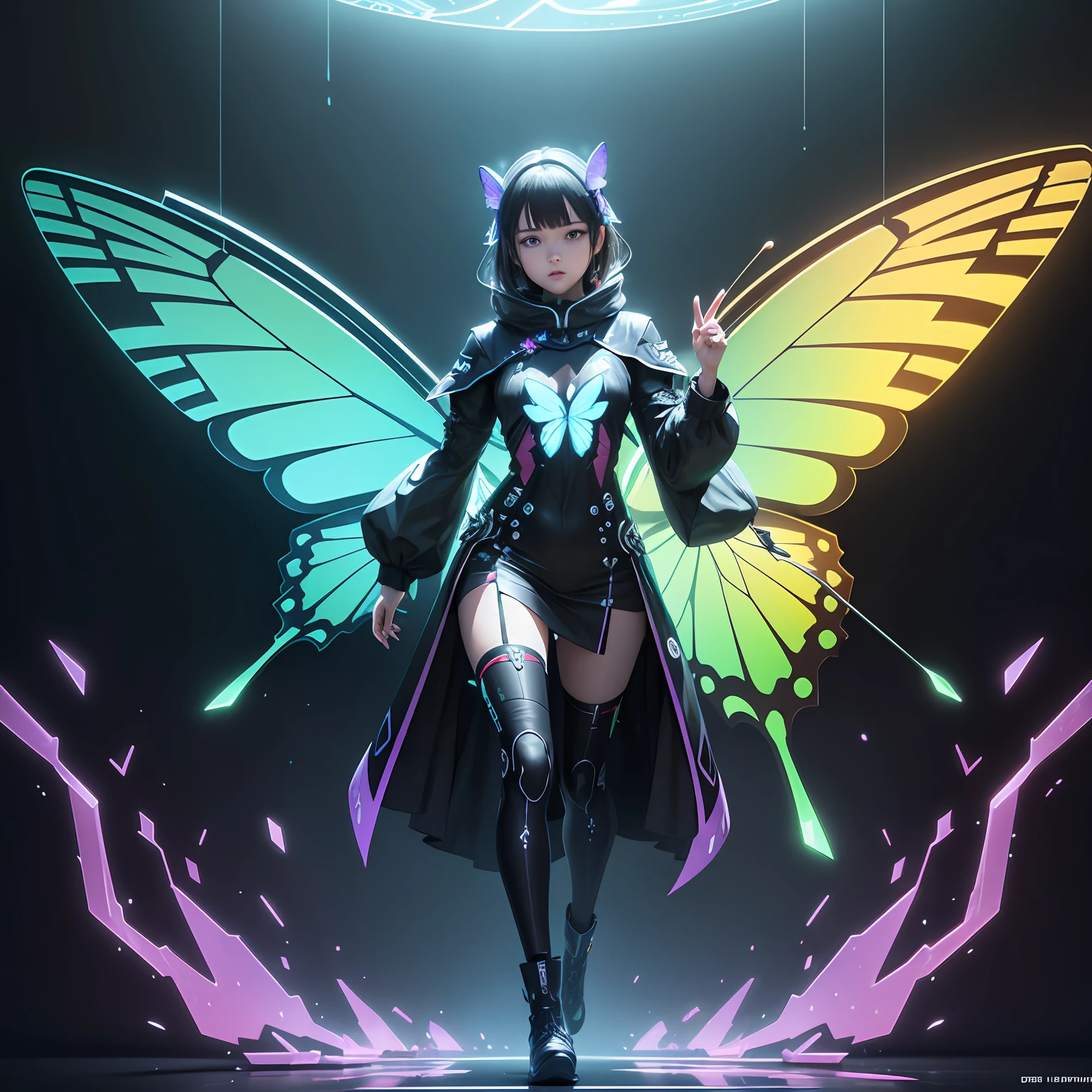 Three-dimensional transparency, abstraction, butterfly, large wings, chip, electronics, battery, industrialization, Fantasy, Transparent green, The Color of Dreams, Space-time, illusion, Cool and avant-garde, 3d, c4d, blender, OC Renderer, drip, High Details, 8K, Студийное освещение —V 5 —S 750