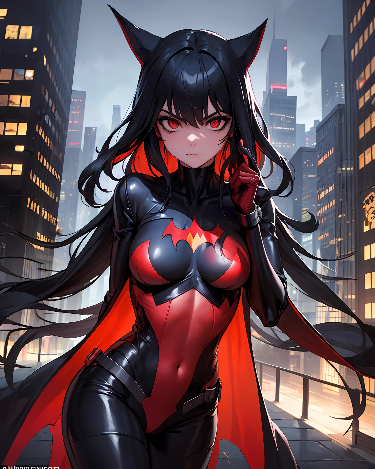 scenecy: The image will be set in a nocturnal cityscape, with skyscrapers and dark alleys, evocando a atmosfera misteriosa e intrigante de Gotham City.Pose: Batwoman will be in a dynamic pose and ready for action. Ela pode estar empunhando seu famoso batarangue ou preparada para usar suas habilidades de artes marciais.face expression: Your face will be determined, refletindo a coragem e o compromisso que a tornam uma protetora de Gotham City.Uplighting: The image will have a creative use of lights and shadows to emphasize the character's duality – her dark nature as a vigilante and the light she brings when fighting crime.