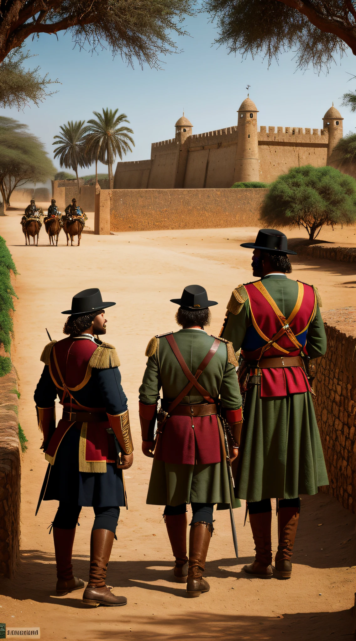 {The formidable Portuguese fort in Southwest Africa stands tall in the 17th-century setting. Portuguese soldiers, clad in era-appropriate attire, patrol the grounds, embodying the power of the colonizers.}, Digital Image, Realistic Style inspired by Greg Rutkowski, 70mm Lens, Long Shot, (Highly Detailed:1.25), (Golden Ratio:0.85), (8K Resolution:1.15), (Vivid Colors:1.3)