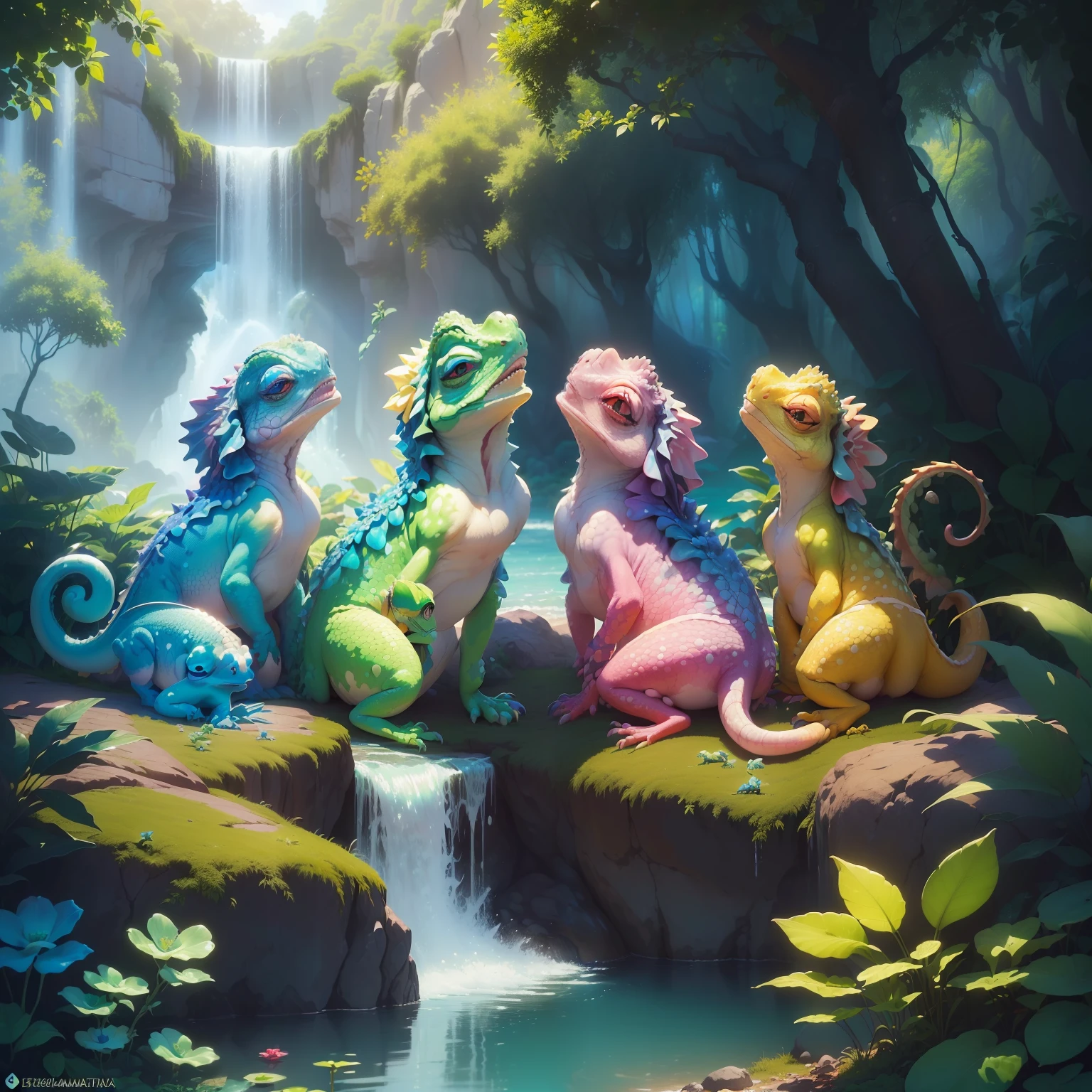 ((dedinhos perfeitos)) ((Chameleons with an expression of happiness() realista, Ultrarrealista Fofo, Disney-style chameleons, Olhos bonitos e doces encantadores, 1 red chameleon 1 blue chameleon 1 yellow chameleon 1 pink chameleon 1 green chameleon (1 de cada cor) com olhos doces e bonitos, They are in the enchanted forest, com flores, Rainbow and waterfall Disney movie style (( The 5 ultra-realistic cute chameleons, estao juntos na floresta encantada, , in the background of the image has rainbow, flores e cachoeirs)) trending in cgsociety, CGSetnação, 8k arte detalhada de alta qualidade, CGSetalidade 9, arte digital detalhada bonito, pintura digital altamente detalhada, Beeple e Jeremias Ketner, cgssociedade, altamente detalhado, CGCsociedade inspirada, [ trending in cgsociety