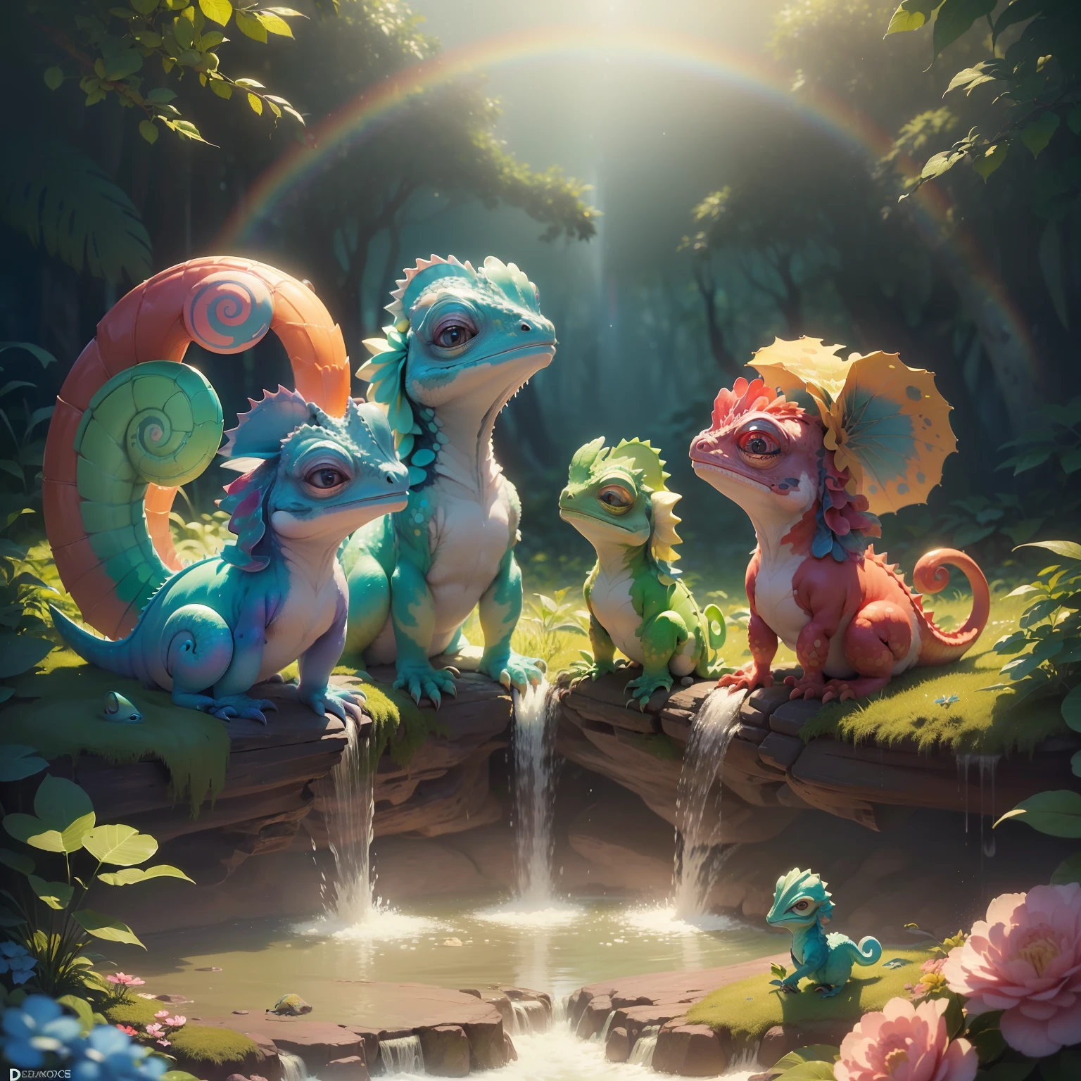 ((dedinhos perfeitos)) ((Chameleons with an expression of happiness() realista, Ultrarrealista Fofo, Disney-style chameleons, Olhos bonitos e doces encantadores, 1 red chameleon 1 blue chameleon 1 yellow chameleon 1 pink chameleon 1 green chameleon (1 de cada cor) com olhos doces e bonitos, They are in the enchanted forest, com flores, Rainbow and waterfall Disney movie style  (( The 5 ultra-realistic cute chameleons, estao juntos na floresta encantada, , in the background of the image has rainbow, flores e cachoeirs))   trending in cgsociety,  CGSetnação, 8k arte detalhada de alta qualidade, CGSetalidade 9, arte digital detalhada bonito, pintura digital altamente detalhada, Beeple e Jeremias Ketner, cgssociedade, altamente detalhado, CGCsociedade inspirada, [ trending in cgsociety
