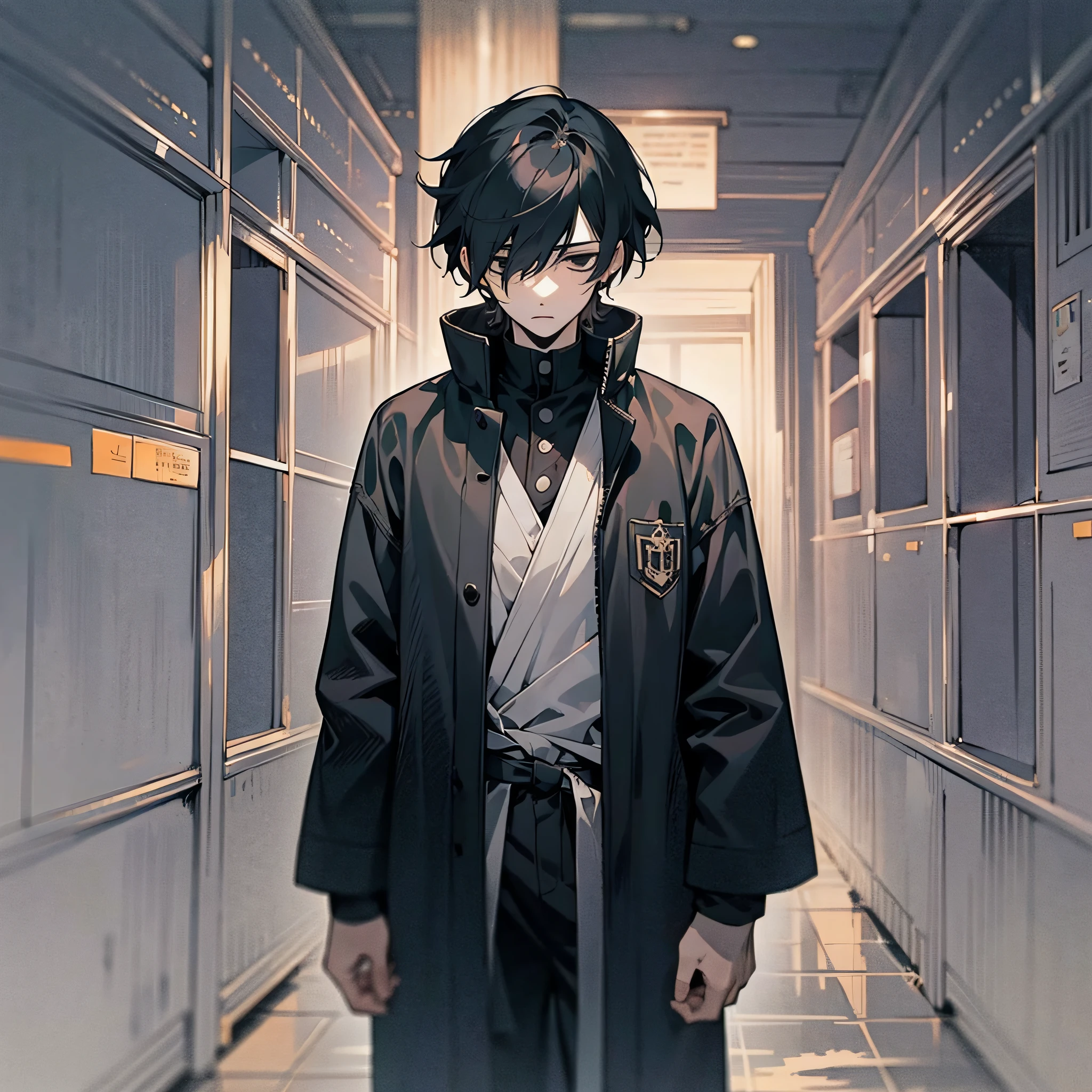 gentle, clean lines, anime character art, intricate details, young adult man, black hair covering his eyes, pale skin, creepy black eyes, nighttime, standing alone in a dark room, features indiscernable in darkness, black clothing, looking away, neutral expression