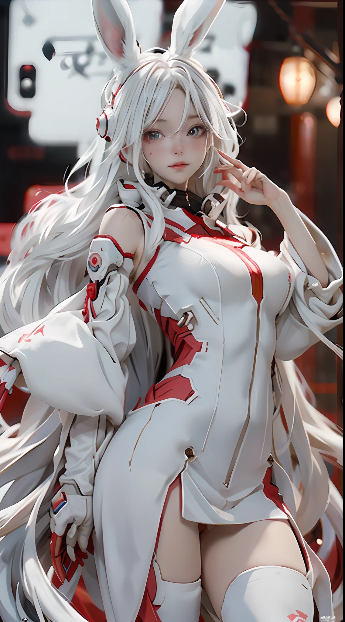 Anime girl with white hair and rabbit ears,red color eyes,Shy blush,National Wind Mech,cyber punk perssonage