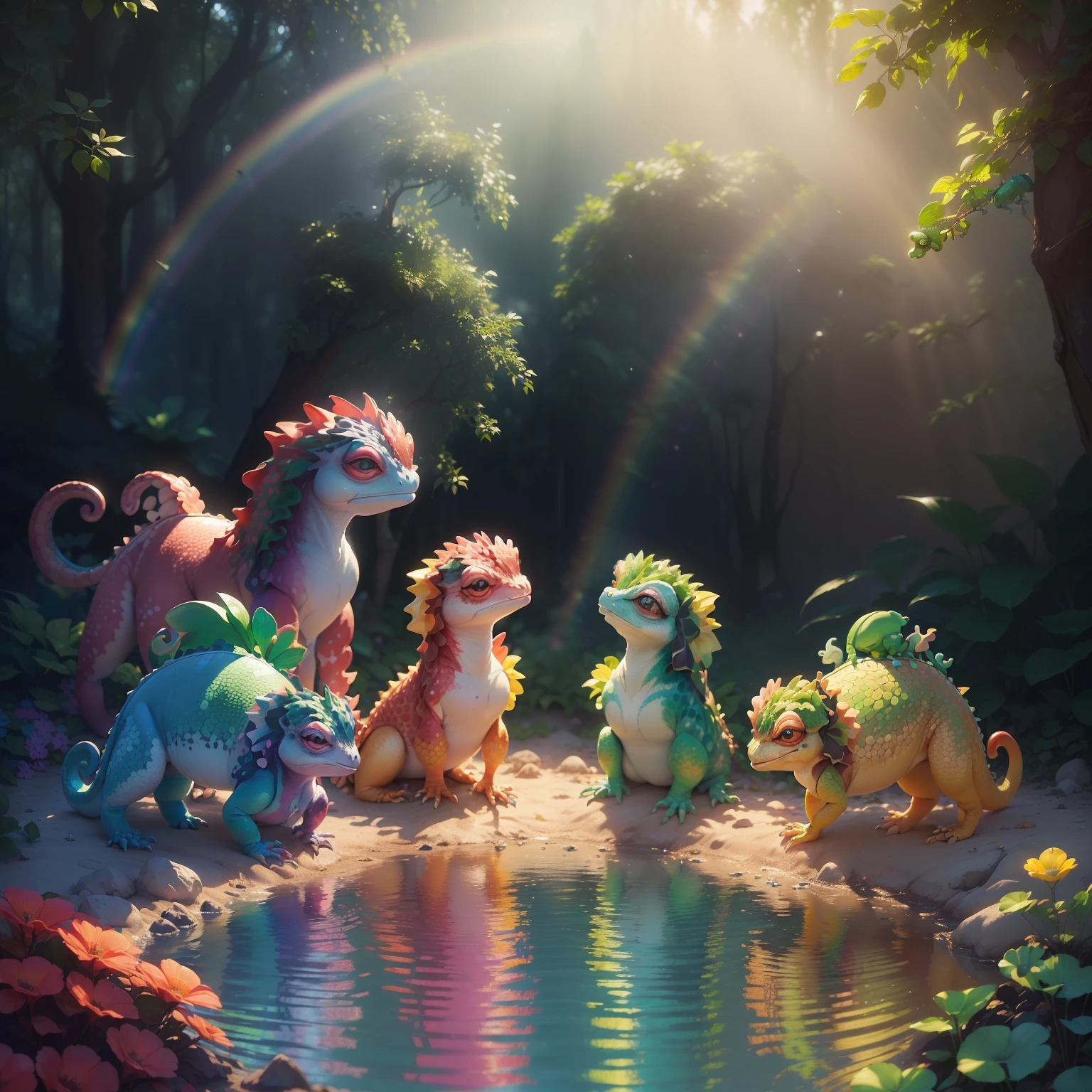dedinhos perfeitos)) ((Chameleons with an expression of happiness() realista, Ultrarrealista Fofo, Disney-style chameleons, Olhos bonitos e doces encantadores, 1 red chameleon 1 blue chameleon 1 yellow chameleon 1 pink chameleon 1 green chameleon (1 de cada cor) com olhos doces e bonitos, They are in the enchanted forest, com flores, Rainbow and waterfall Disney movie style (( The 5 ultra-realistic cute chameleons, estao juntos na floresta encantada, , in the background of the image has rainbow, flores e cachoeirs)) trending in cgsociety, CGSetnação, 8k arte detalhada de alta qualidade, CGSetalidade 9, arte digital detalhada bonito, pintura digital altamente detalhada, Beeple e Jeremias Ketner, cgssociedade, altamente detalhado, CGCsociedade inspirada, [ trending in cgsociety