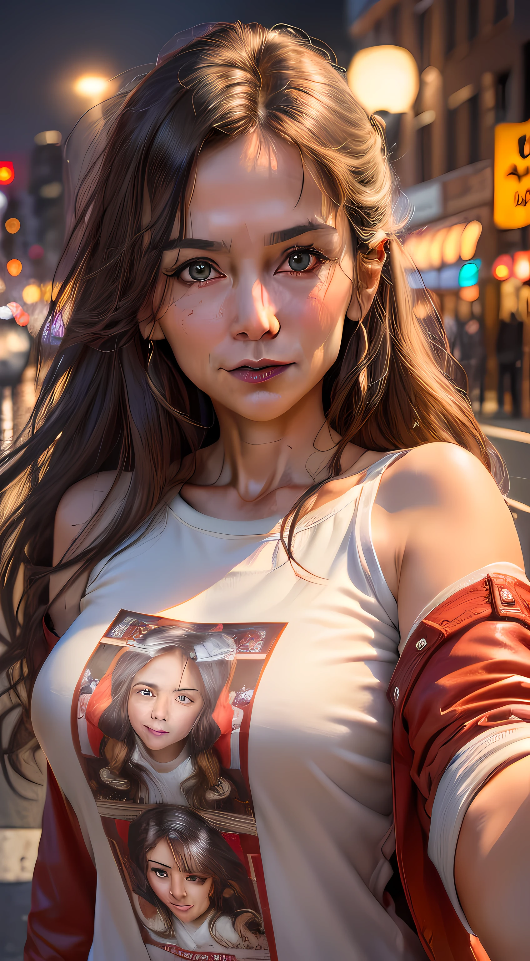 ((absurd, high resolution, ultra detailed, HDR), masterpiece, best quality, One 50-year-old woman looks into the camera, beautiful face, brown eyes, brown shoulder-length hair, thin eyes and detailed face, (White T-shirt), (red jacket), dimple, night street, night city, midnight, selfie shot, Light smile