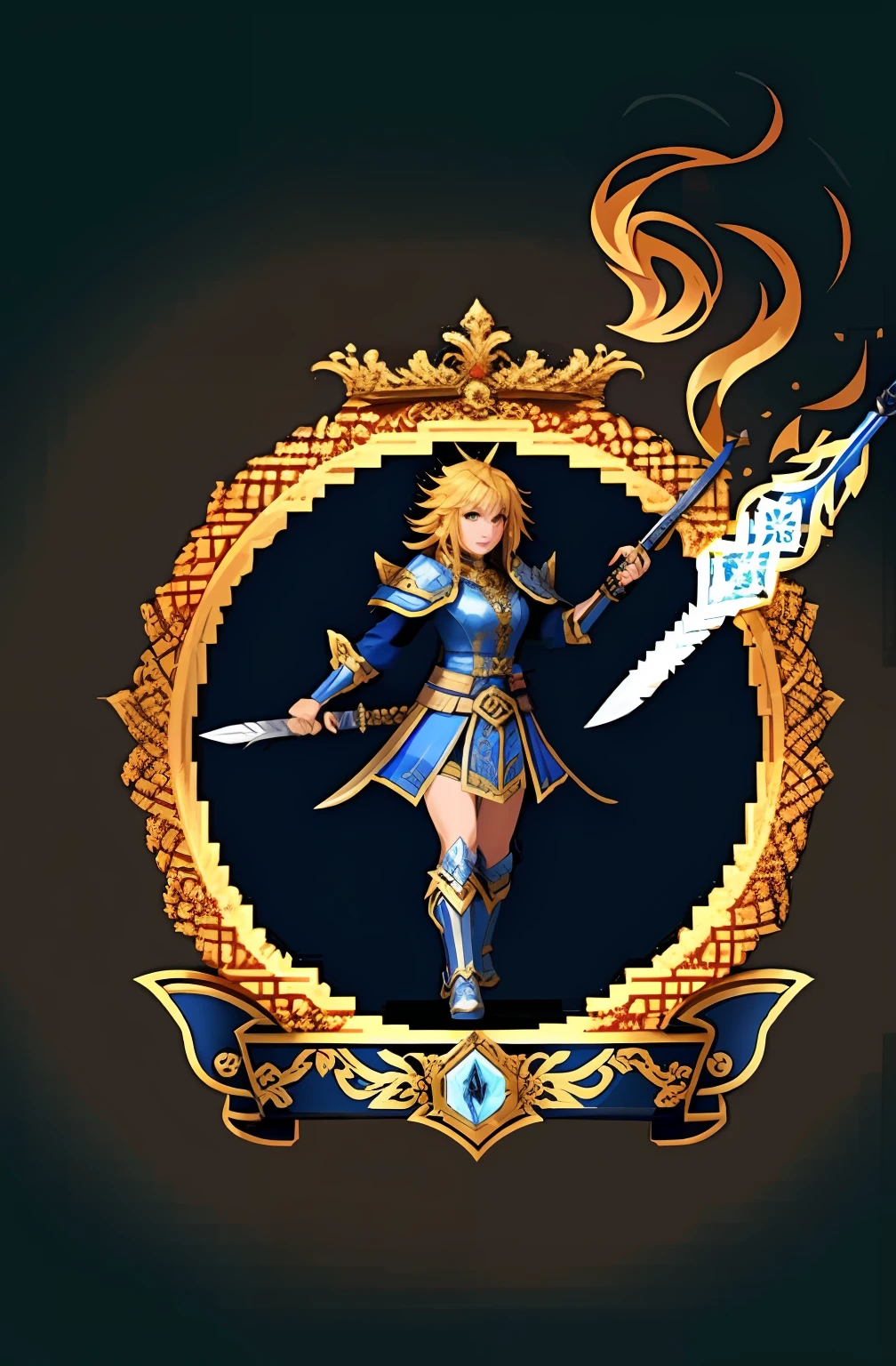 Top image quality,超高分辨率,pixal style,A masterpiece of game scenarios:1.5,16bitscene。A golden and blue sword,There is a blue flame on it, gold sword, Golden sword, fantasy sword of warrior, shinning sword, Flaming Sword, Sword and shield, royal insignia in background, sword design, magic artifacs and magic weapons, fantasy sword, beautiful sword, fantasy rpg weapon art, magical sword, intricate fantasy spear, dual wielding two magical swords