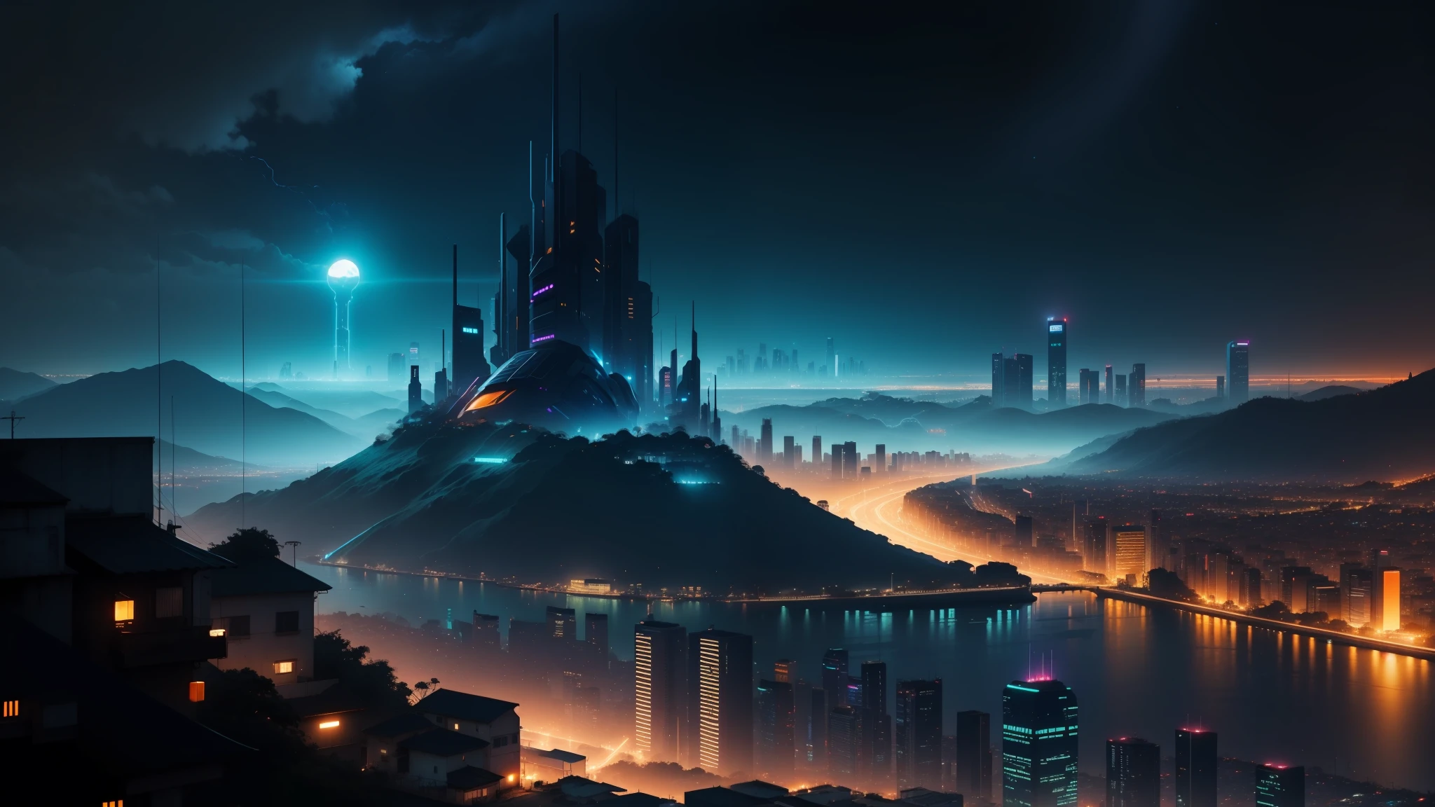 cidade cyberpunk, noite muitos neons e ledes ,landscape color in navy blue and amber