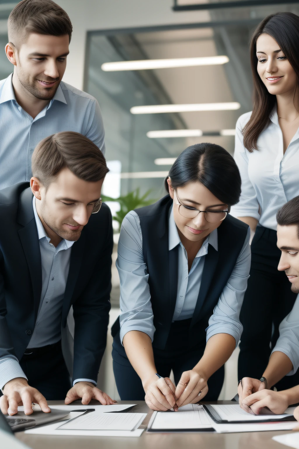 generate a image of coworkers who working in group togheter, showing cooperation and trade sinergy, luce growing together , intent the image may relate some differents kinds of habilities and personalities working togheter to built a objective in common