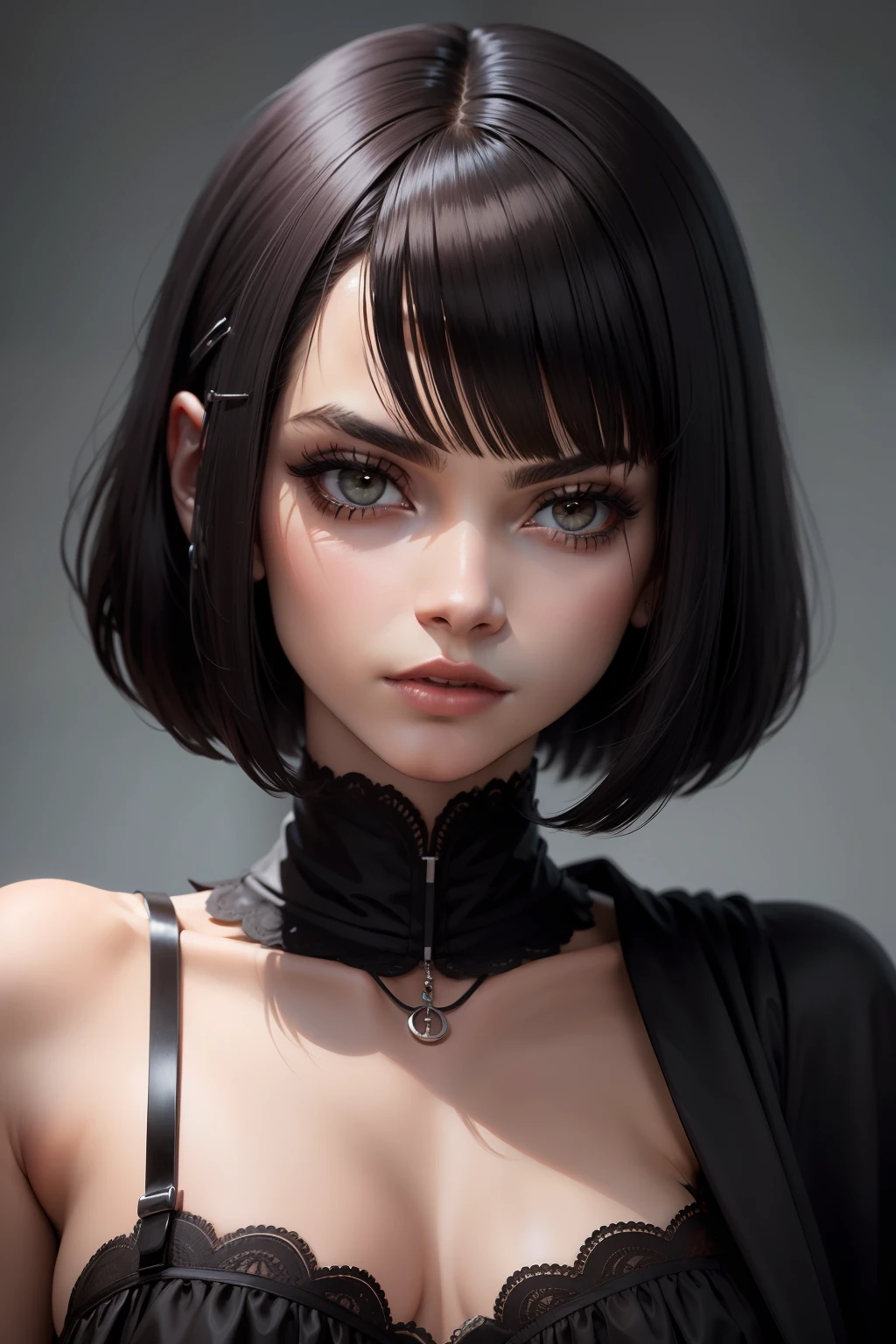 franja curta, french bob, cabelo preto, franja blunt, olho preto, cabelo castanho escuro, franja curta, cabelo curto