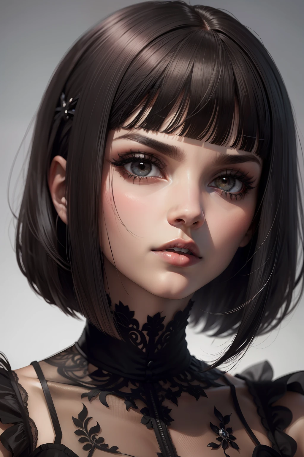 franja curta, french bob, cabelo preto, franja blunt, olho preto, cabelo castanho escuro, franja curta, cabelo curto