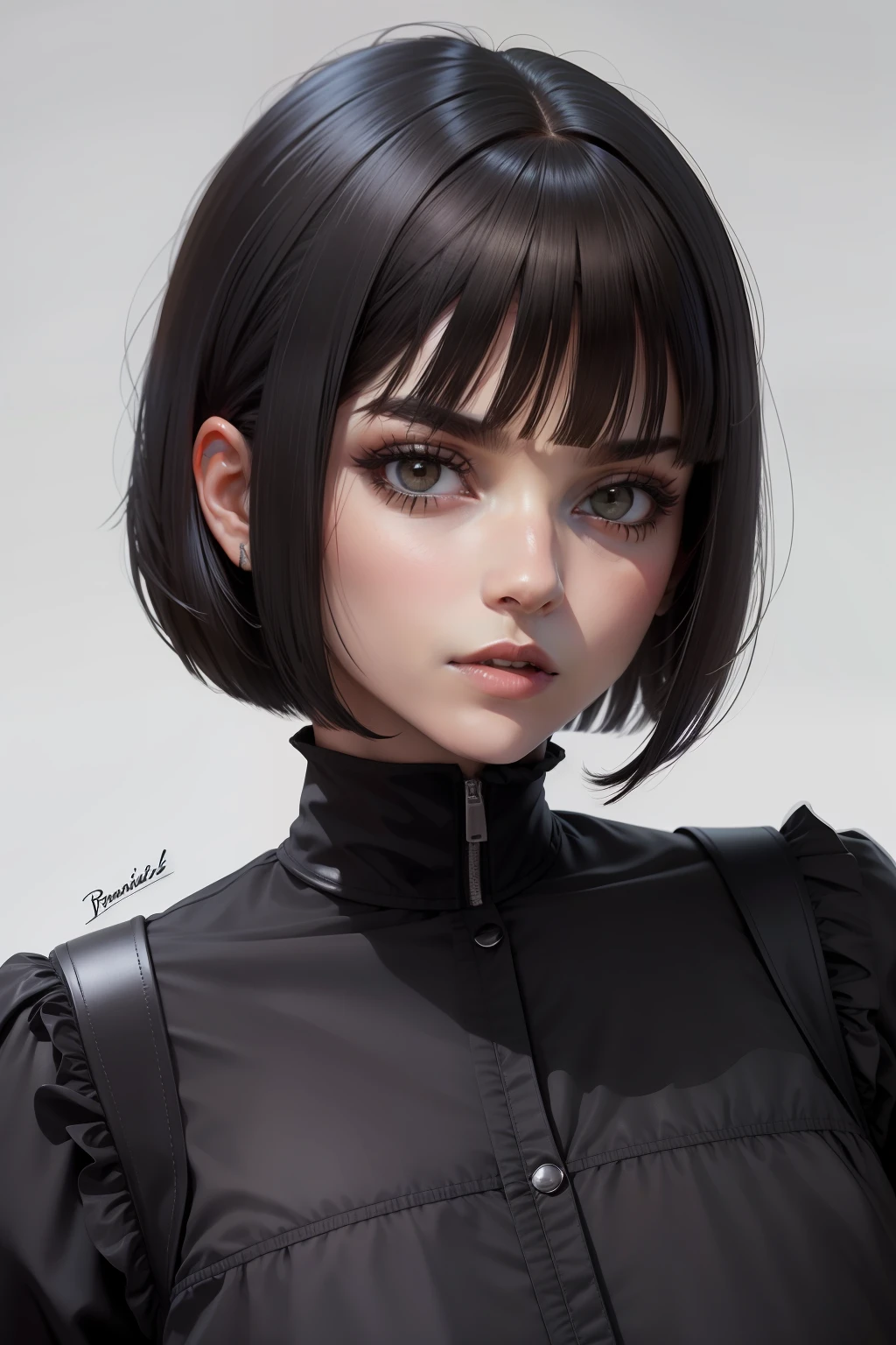 french bob, cabelo preto, franja blunt, olho preto, cabelo castanho escuro, franja curta, cabelo curto, baby bangs,wof cut hair