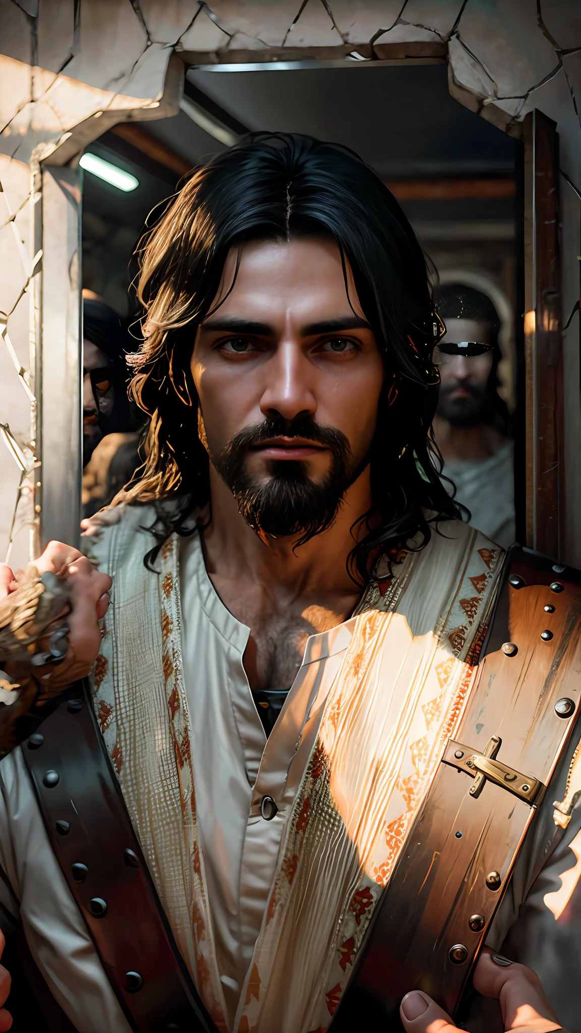 Jesus has a knife and a knife in his hand, Alexey Egorov, Cyberpunk Jesus Cristo, handsome prince of persia, Guilherme H. Pongiluppi, Pintado por Andreas Rocha, craig mullins dappled lighting, Directed by: Arik Brauer, Diego Dayer, Directed by: Pedro Pedraja, Directed by: Jason Felix, Maxim Sukharev