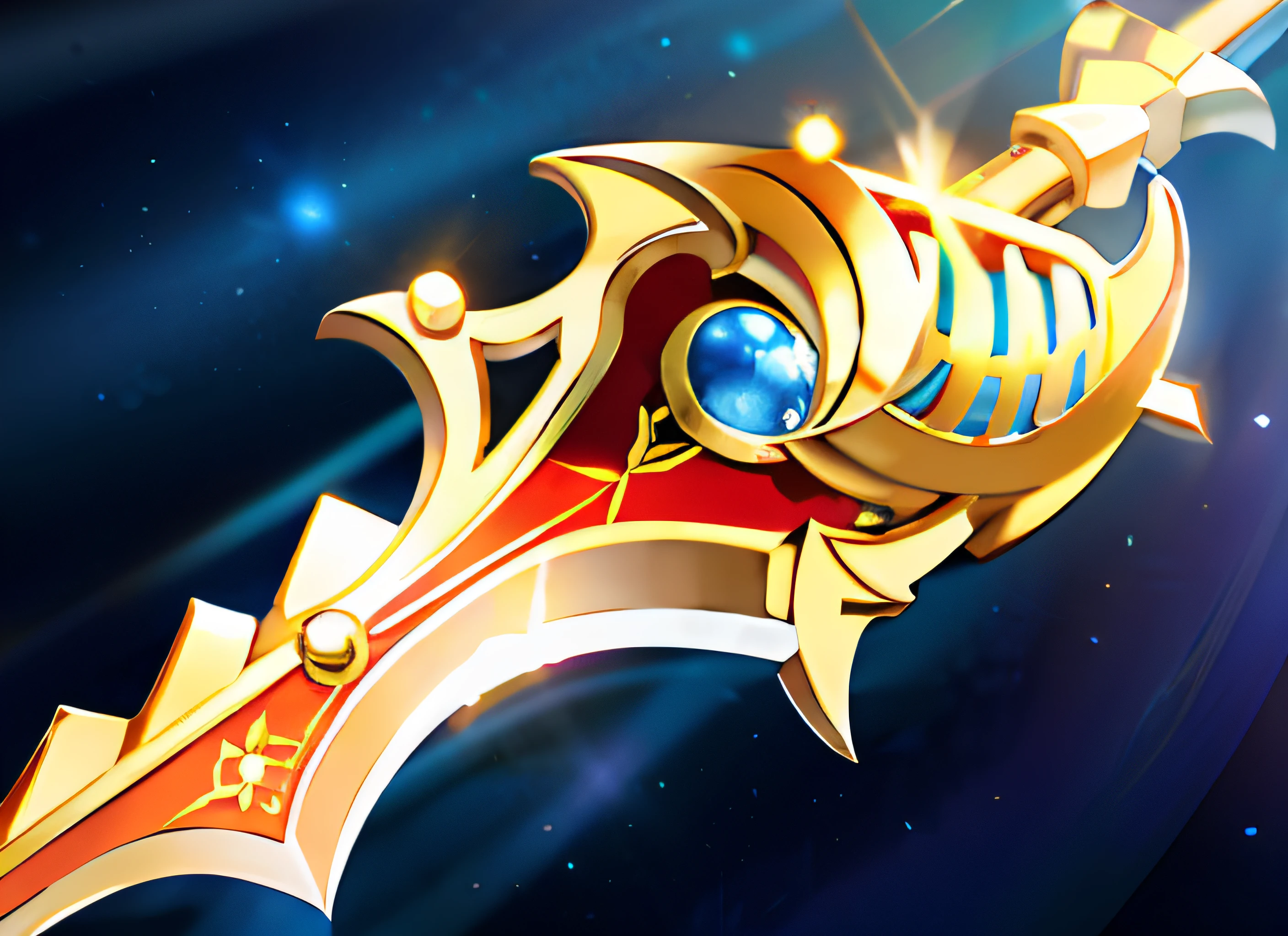 Matelic heavy golden sword, orange line middle of the sword, blue bright gem inside of sword, shiny golden, wonder,