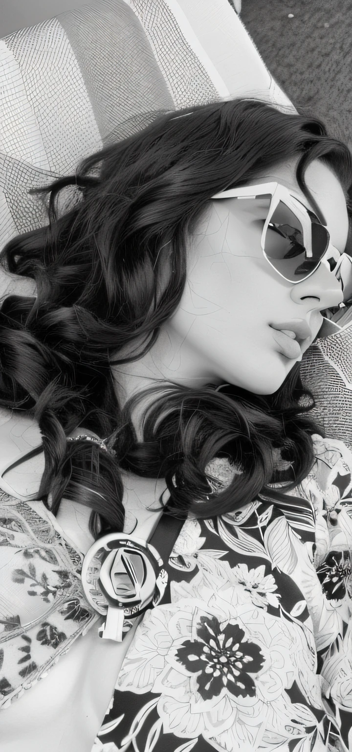 Araffe woman lying on a couch with a flowered shirt and sunglasses, with sun glasses, portait de Haifa WehBe, imagem de perfil, with sunglasses, Directed by: Edna Mann, Lana Del Rey, wearing versace sunglasses, ao sol, B&w foto, Directed by: Myra Landau, foto preto e Branco, em preto e Branco, Directed by: Anita Malfatti