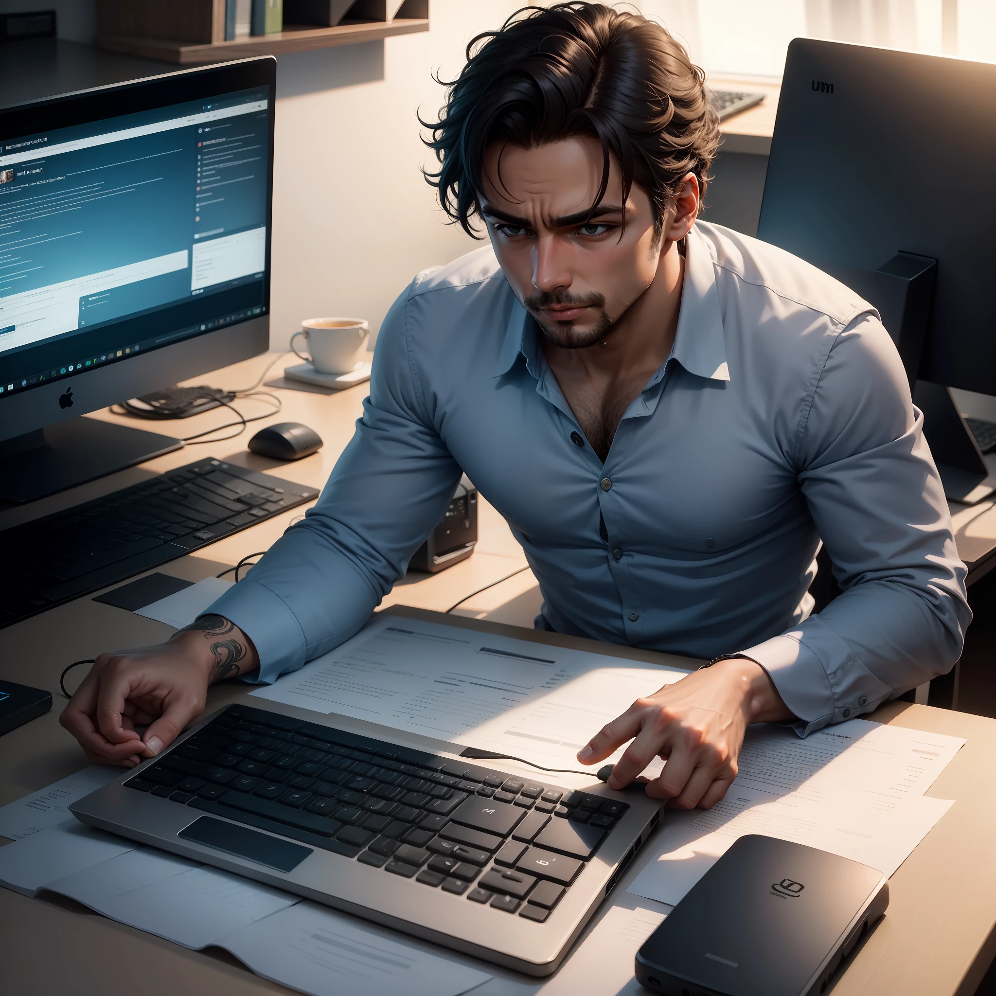 Um homem trabalhando com um computador, fundo simples, realista, alta qualidade