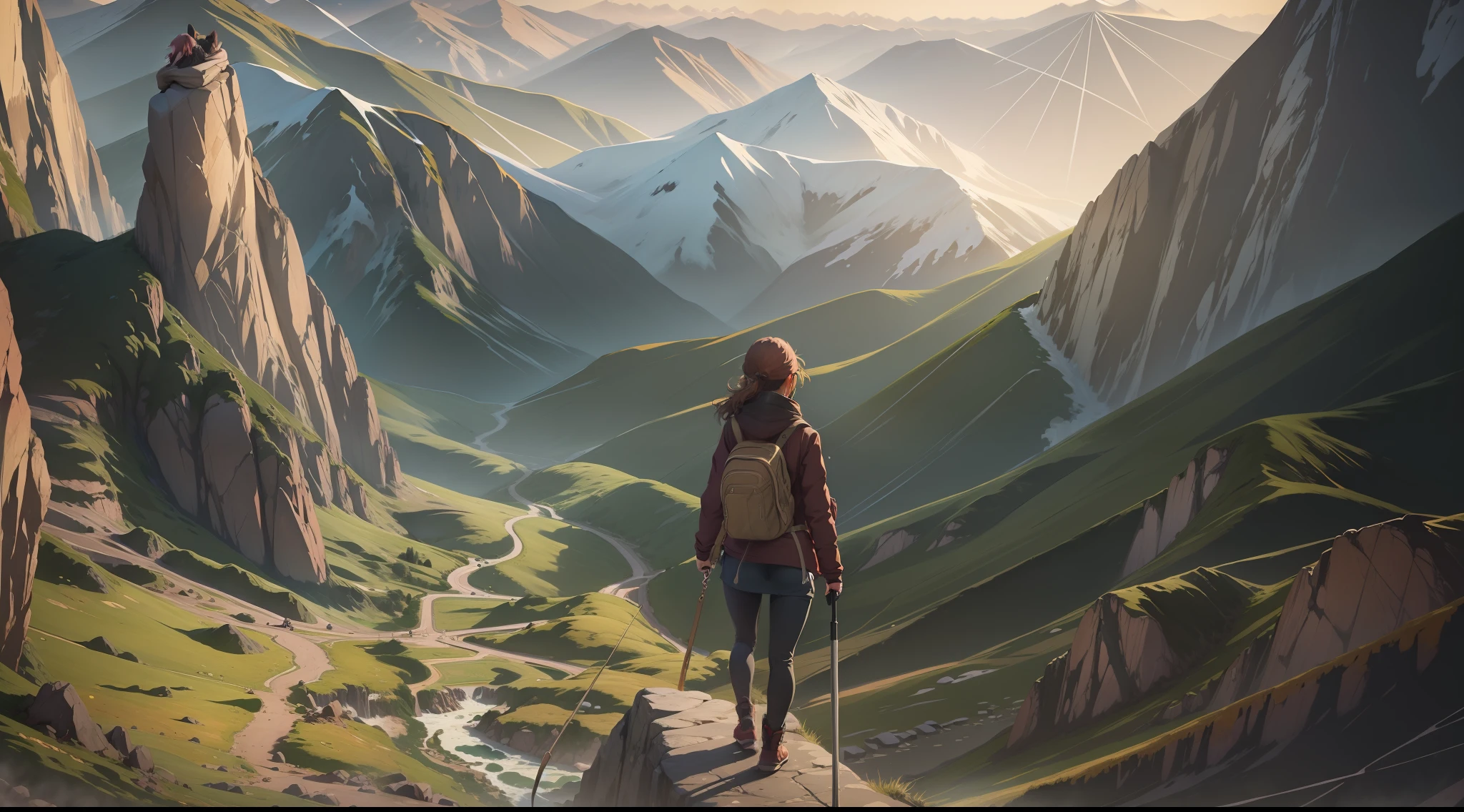 A girl, heading to the mountains, anime style, cartoon style.
