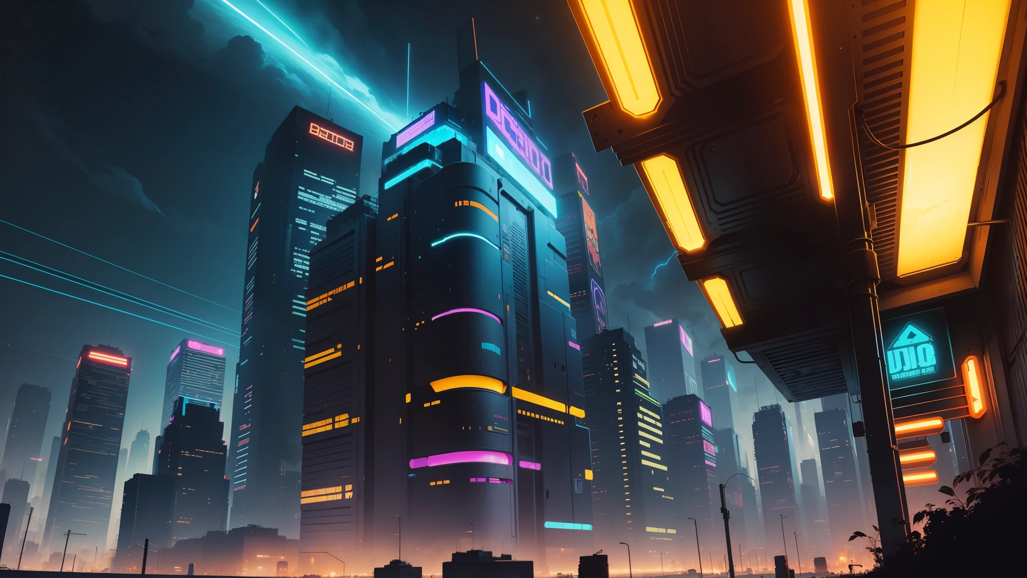 cidade cyberpunk, noite muitos neons e ledes ,Colors: blue and amber, desenho bem definido, Chaotic scenario, muita tecnologia, muito caos