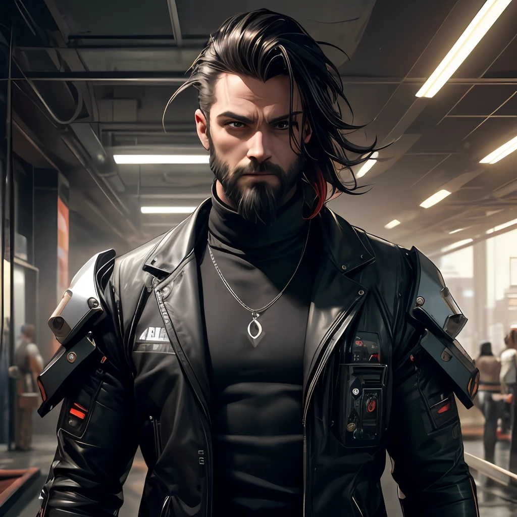 Um homem de 30 anos, barba grande e cabelo grande, corpo descuidado, In a futuristic world, cyberpunk, obra prima, 8k. --auto