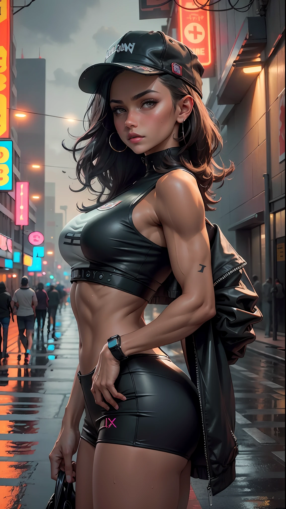 Beautiful woman with medium hair, in a cap, Short clothes in the style of cyberpunk, Tanned:2 Skin, It looks contrasting, good anatomy, Muscles are drawn, The evening sky is overcast, in the background ((nighttime)) Colorful Neon City, wet asphalt