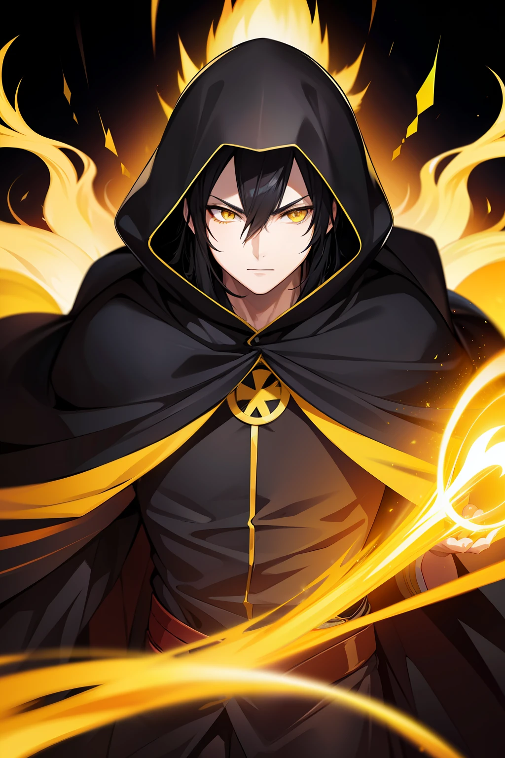 anime guy wearing a black hooded cape, long black hair, yellow eyes, yellow flames aura shining, 4k, anime style 2D
