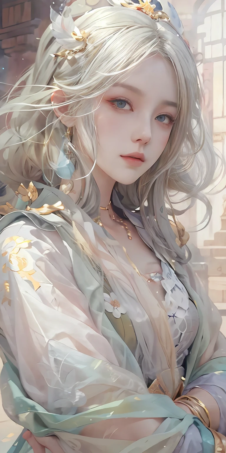 Woman with blonde hair and white mask，beautiful character painting，Guwiz，Guviz style artwork，Gray-haired，By Jan J，Magnificent and beautiful character art，Stunning character art，Fan Qi，Wu Jun Sifan，Gouvitz on the pixiv art station，Legged，full body Esbian