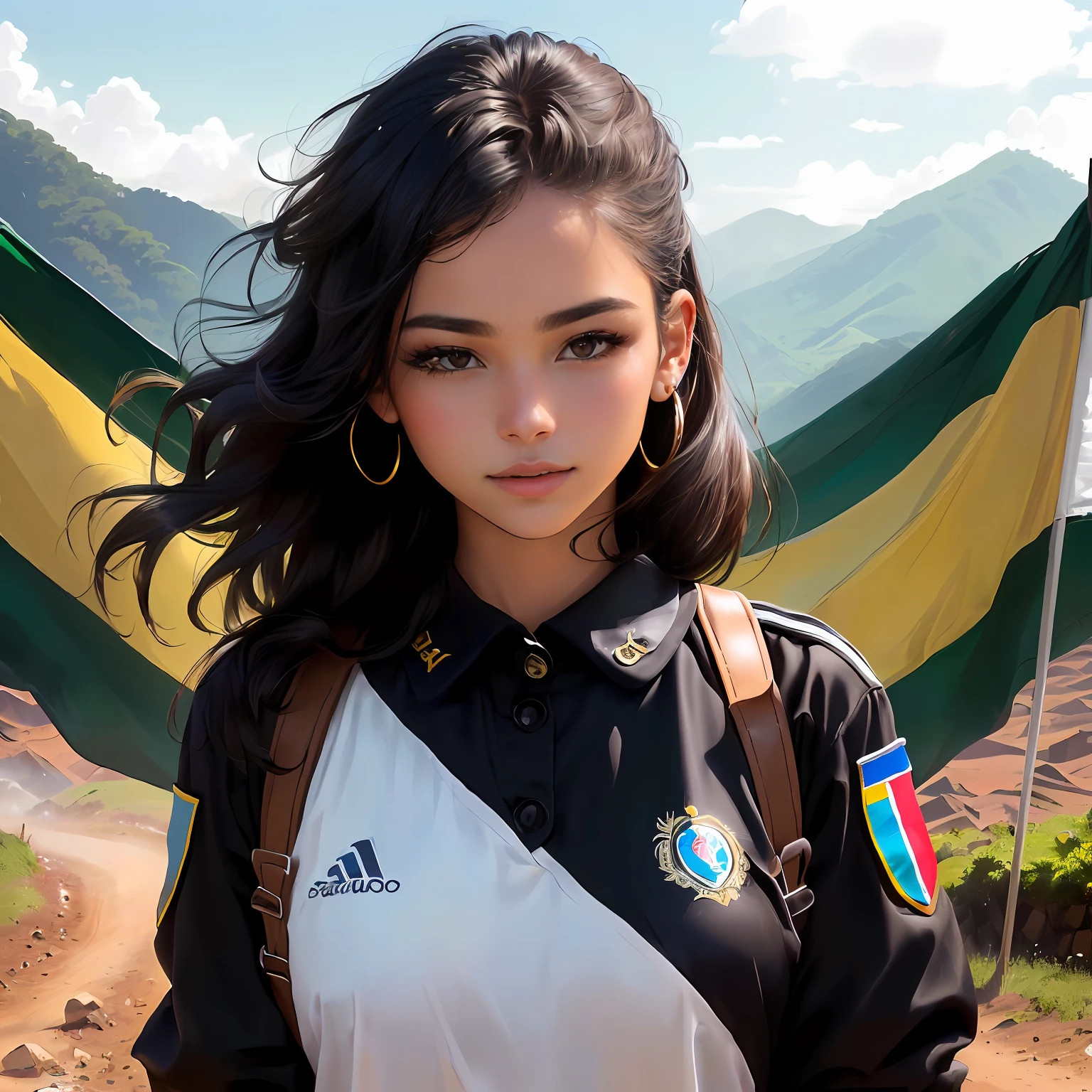 (best quality, master part, Melhor_qualidade, circunstanciado:1.5), Guerrilheira das FARC (Colombia): Adornado com uniformes de camuflagem usados, bandana, com um patch de bandeira colombiana desgastado, com cabelo preto penteado em um curto, Cropped hairstyle and piercing black eyes in an epic Colombian landscape.