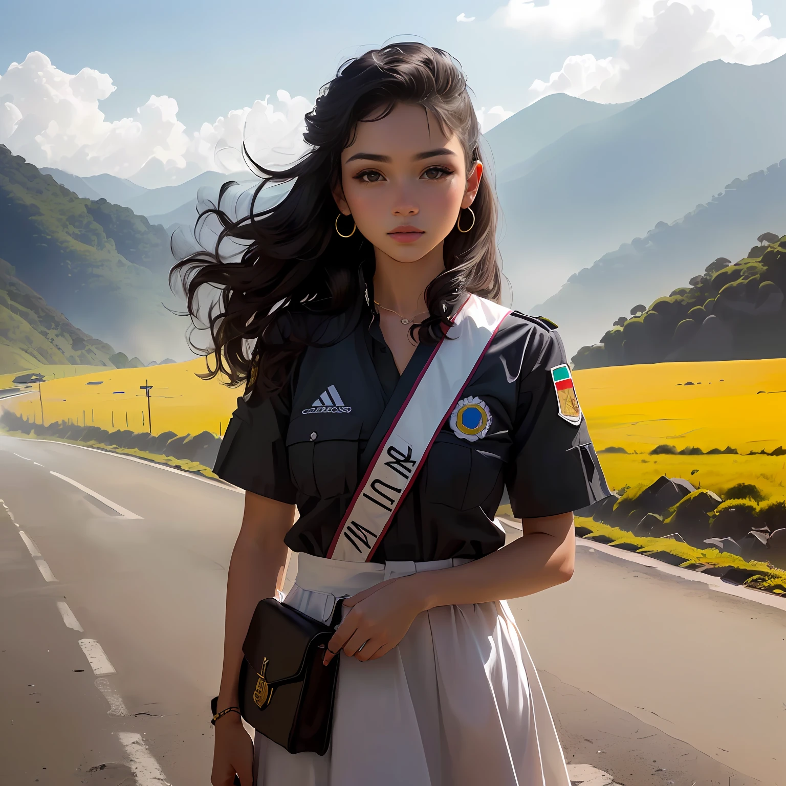 (best quality, master part, Melhor_qualidade, circunstanciado:1.5), Guerrilheira das FARC (Colombia): Adornado com uniformes de camuflagem usados, bandana, com um patch de bandeira colombiana desgastado, com cabelo preto penteado em um curto, Cropped hairstyle and piercing black eyes in an epic Colombian landscape.