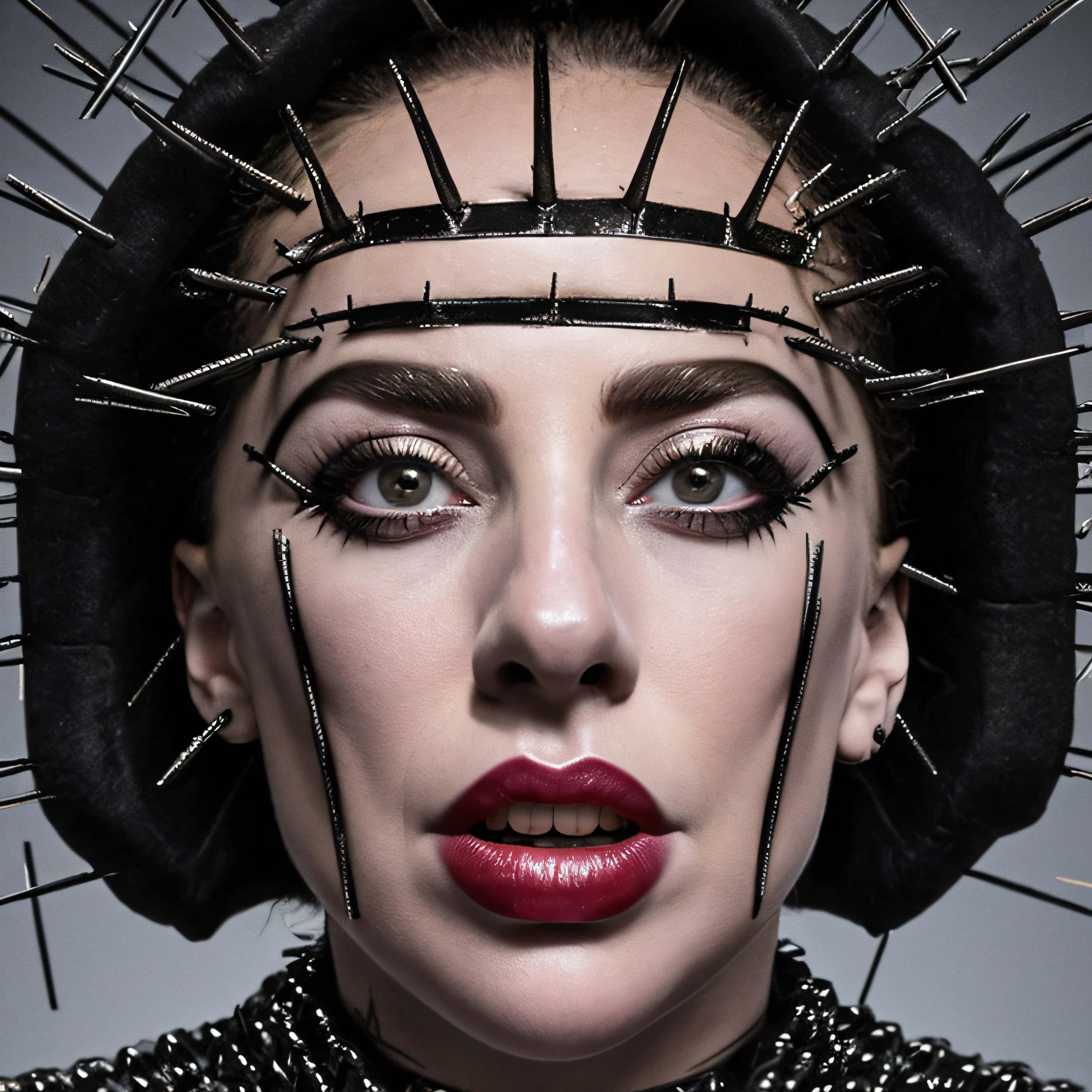 lady gaga como o personagem hellraiser, rosto realista, a melhor qualidade, obra-prima, Highresolution, 8k, imagem hiper-realista, foto profissional, foto realista, image angle from bottom to top