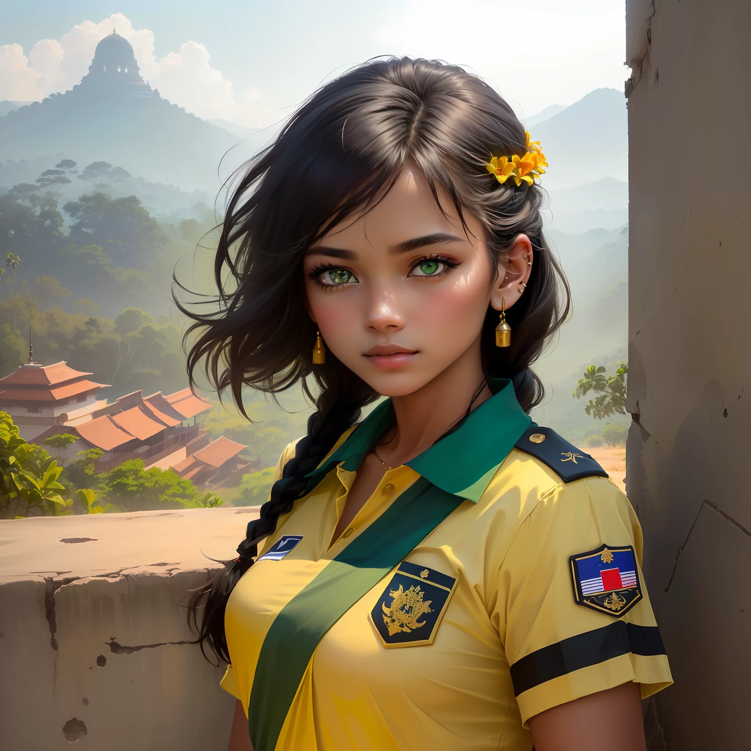 (best quality, master part, Melhor_qualidade, circunstanciado:1.5), LTTE Female Tiger Fighter (Sri Lanka): Wearing tiger-striped camouflage uniforms showing signs of wear, wearing a cyanide capsule around their necks, and a worn-out Tamil Eelam flag patch, with black hair braided and adorned with flowers, accentuating piercing green eyes in an epic Sri Lankan landscape.