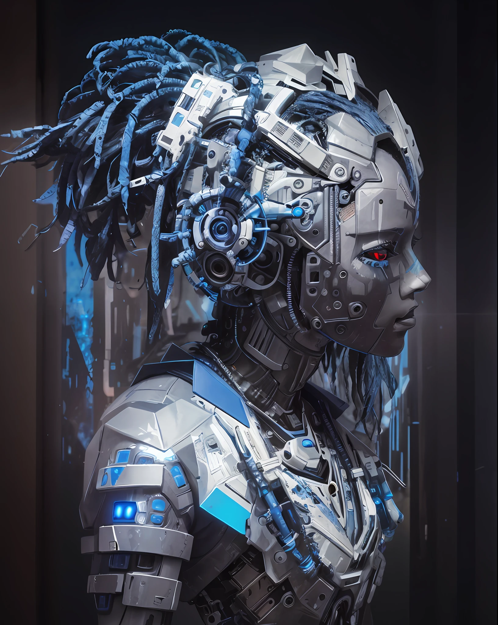 Un primer plano de un robot con rastas y un fondo azul, Portrait of a cyberpunk machine, Arte ciberpunk digital avanzado, Retrato de una reina cyborg, Cyberpunk Medusa, Cyber dreadlocks, Estatua cyberpunk, Estilo cyberpunk hiperrealista, Mecanoide cyberpunk de moda, Estilo de arte cyberpunk, Retrato detallado de un cyborg, Arte cyberpunk, cyberpunk themed art