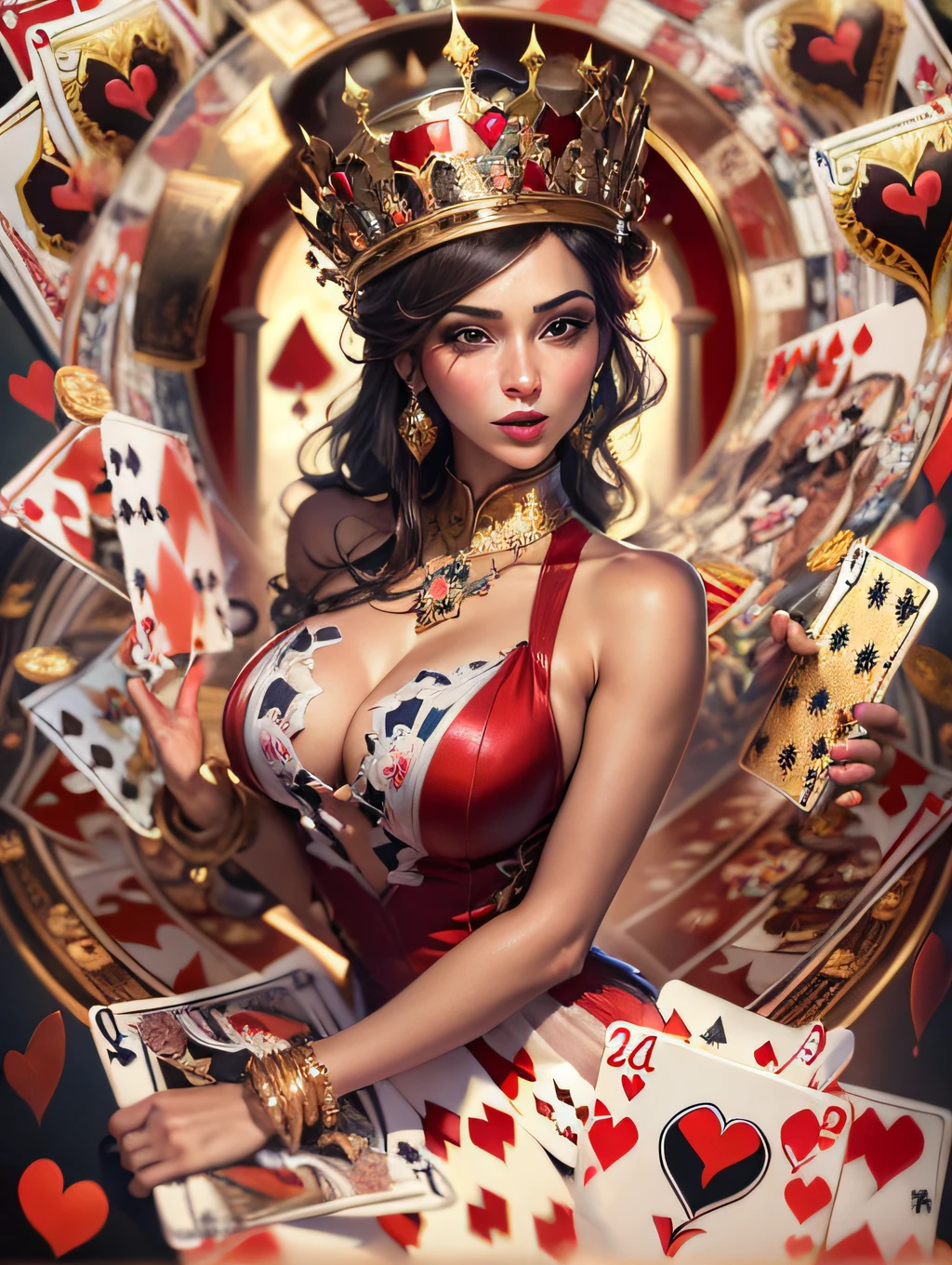 Em um luxuoso cassino, A stunning woman wears an exquisite dress adorned with heart symbols, embodying the royal presence of the Queen of Hearts. Surrounded by a backdrop of poker cards and chips, She exudes confidence and seduction, convidando os jogadores a testar sua sorte e habilidades no jogo de azar.