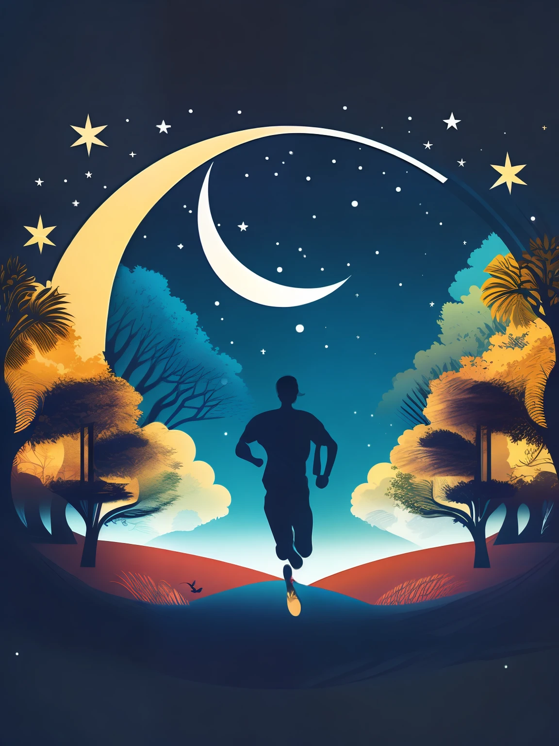 Running man on the park with tree in the night and half moon, tshirt design, rzminjourney, vector-art