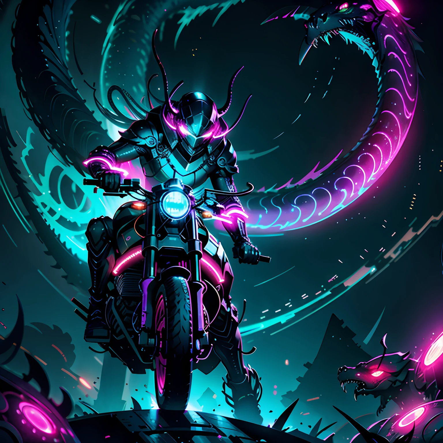 Стиль Ghost Blade, Hero of the Night, glowing lights, Surrounded by enemies, Cosmic tentacles, the stars, Hero riding a snake, dark neon background, 8 k, Photorealistic, hyper-detailing, Ultra Detailed, 4 thousand., Ultra Detailed, Pink contrasting lines, Green flashing, Glow, cinematiclight, Concept art, HDR, Smooth, sharp-focus, Cinematic lighting, hiquality, cgsociety