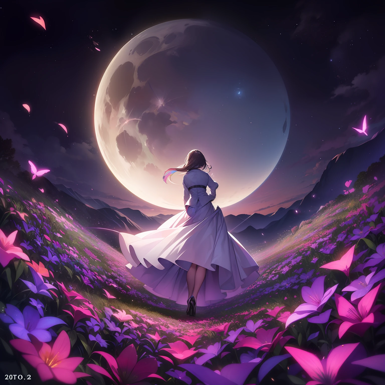 Vast landscape photos、(View from below with a view of the sky and the wilderness below)、20 year old woman in business suit standing in flower garden、look up to、Long pleated skirt fluttering in the wind,(10cm High Heels),posterior view,(fullmoon:1.2),(There are two full moons),(shooting stars:0.9)、(nebulas:1.3)、mountain in the distance、Tree Break Production Art、(Warm color light source:1.2)、(fireflys:1.2)、abajour、Purple and orange、intricate detailes、Volume Lighting、Realism Break (masterpiece:1.2)、(top-quality)、4K、Ultra-Details、(The composition of the movement:1.4)、Very detailed and colorful details、(Iridescent colors:1.2)、(Glowing lighting、Atmospheric lighting)、dream-like、Magical、(独奏:1.2)