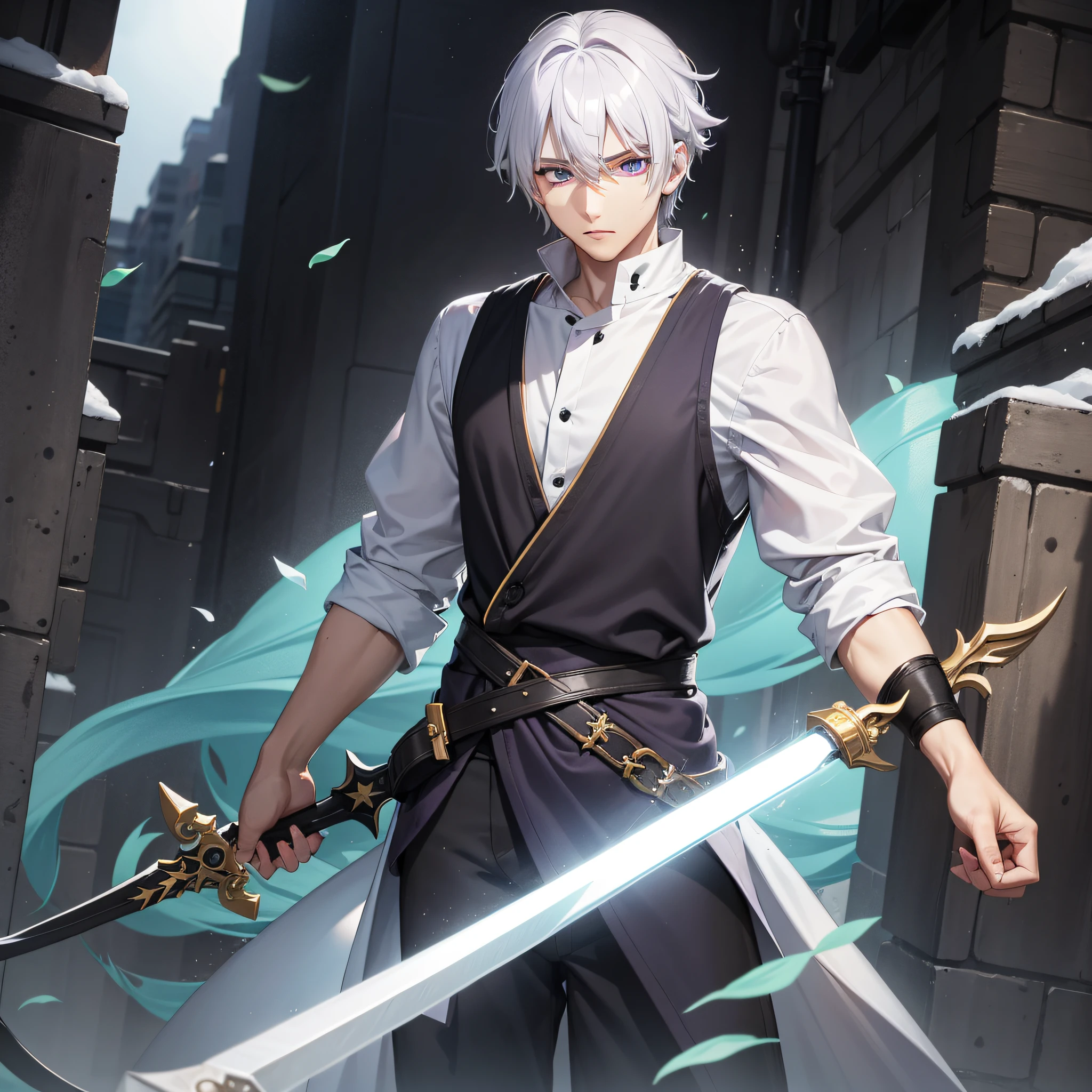 eyes purple, hair white, black clothing