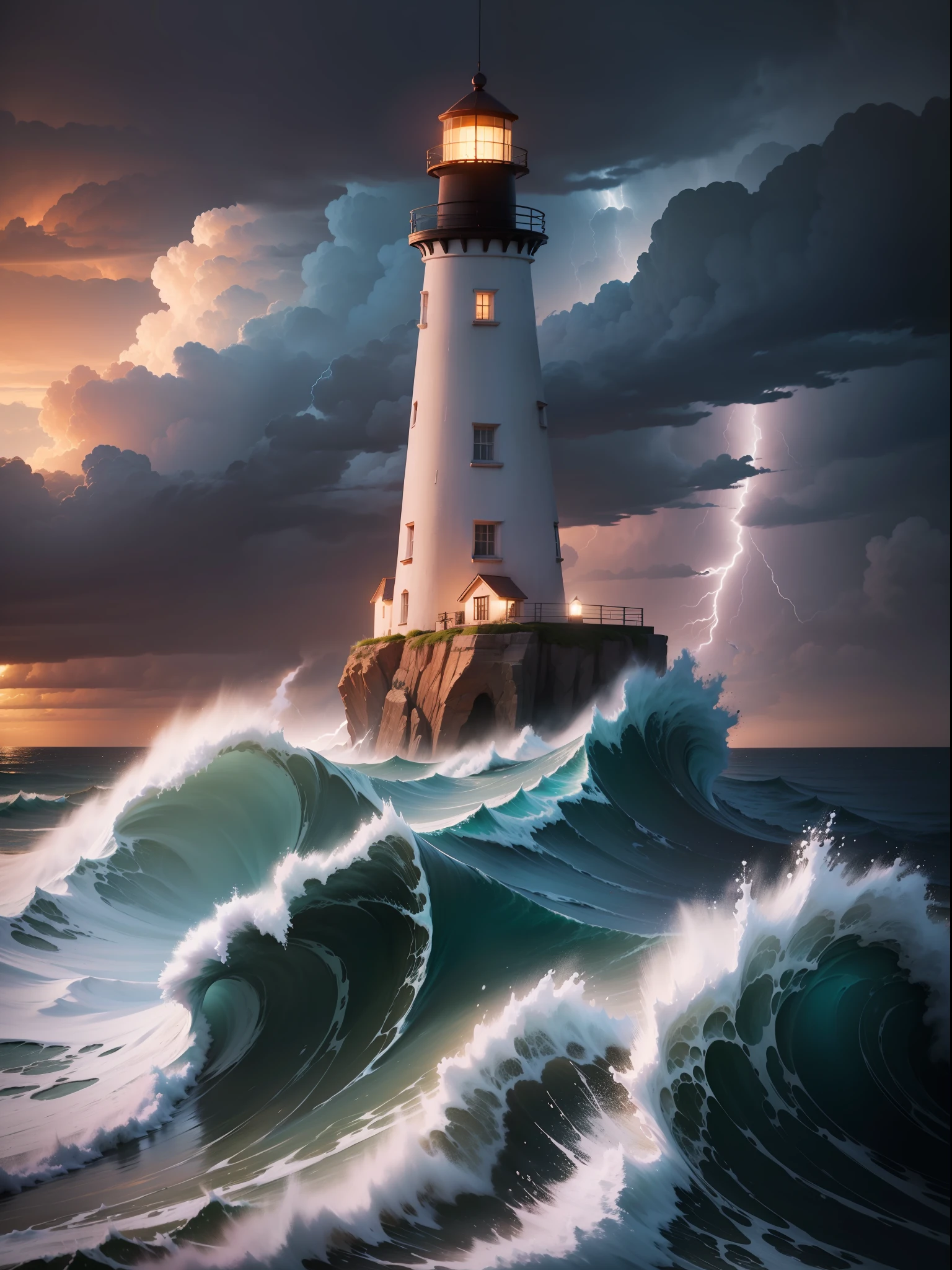 Lighthouse on a small desert island on a stormy night with lots of waves and lightning. alta calidad. ultra detallada. fotorrealista. 8k. alta calidad. 8k. Pintura digital