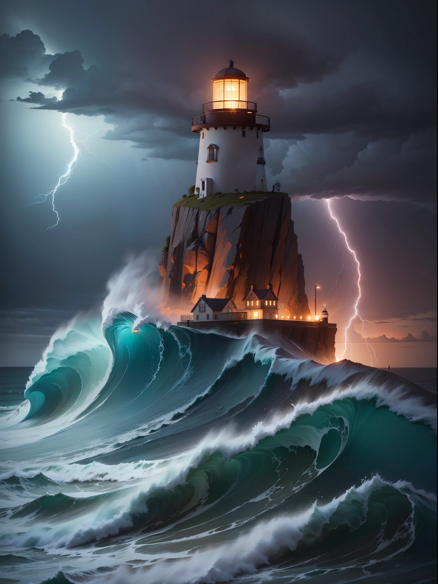 Lighthouse on a small desert island on a stormy night with lots of waves and lightning. alta calidad. ultra detallada. fotorrealista. 8k. alta calidad. 8k. Pintura digital