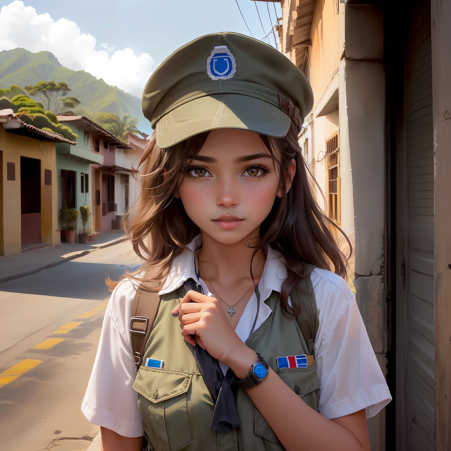 (best quality, master part, Melhor_qualidade, circunstanciado:1.5),Sandinista Female Guerilla Fighter (Nicaragua): Wearing a mix of worn civilian and military clothing, wearing old bandana or hat, and a worn Nicaraguan flag patch, with brown hair in a medium-length style tied in a loose bun, framing captivating brown eyes in an epic Nicaraguan landscape.